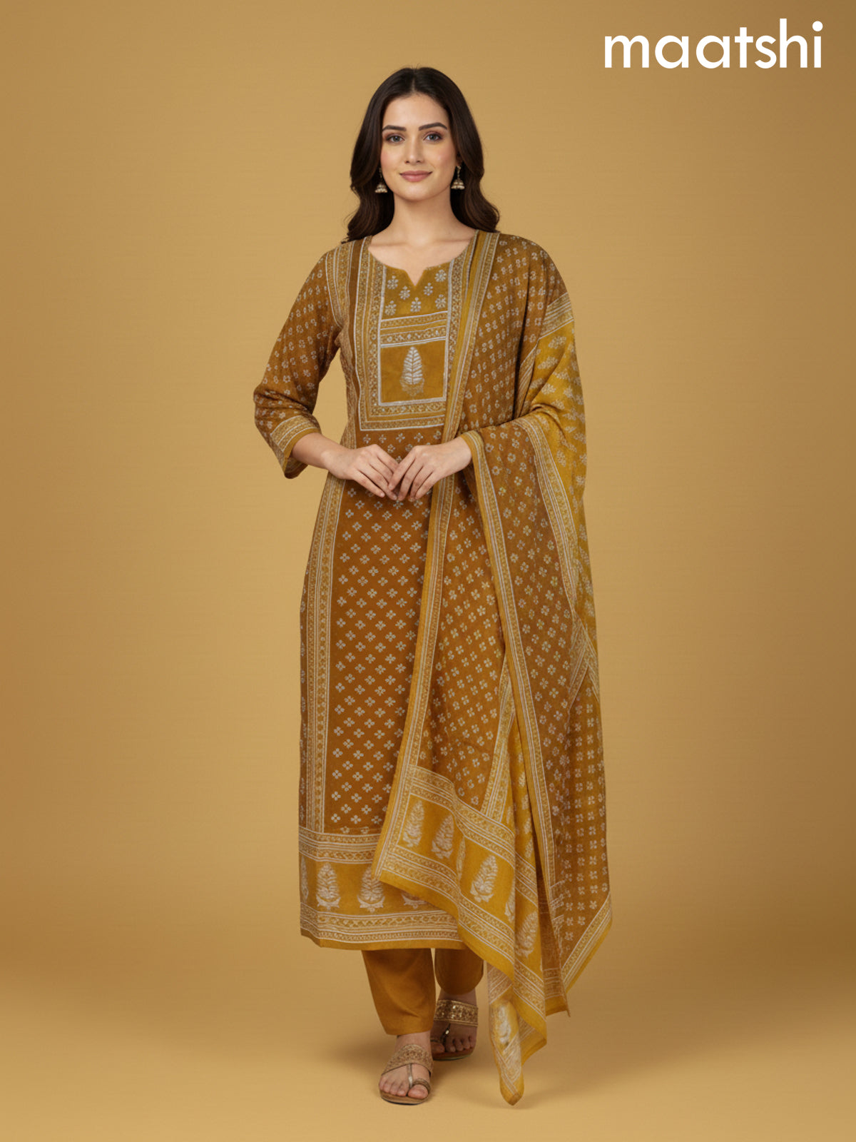 Mustard Yellow Crepe Silk Printed Straight Suit