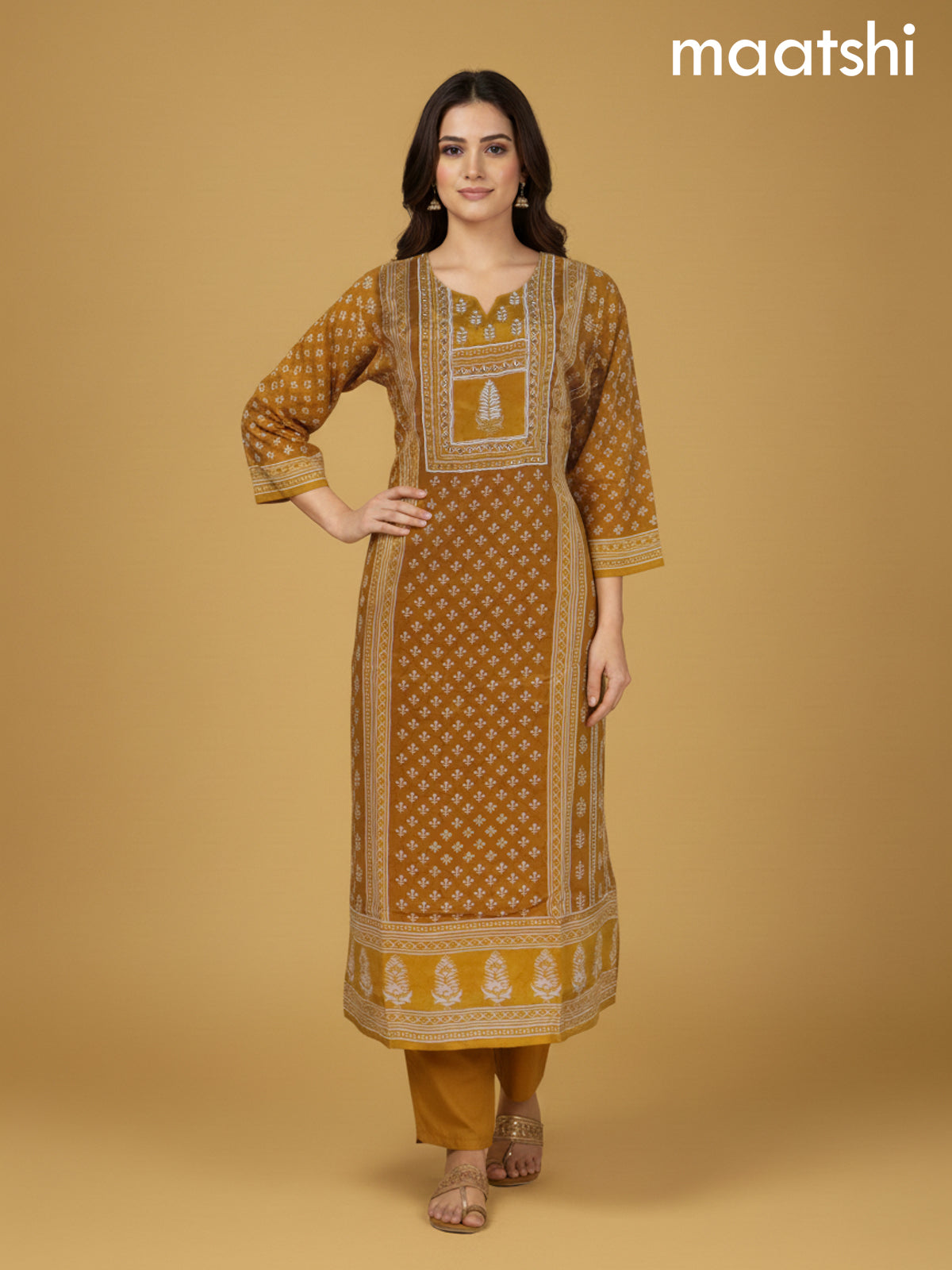 Mustard Yellow Crepe Silk Printed Straight Suit