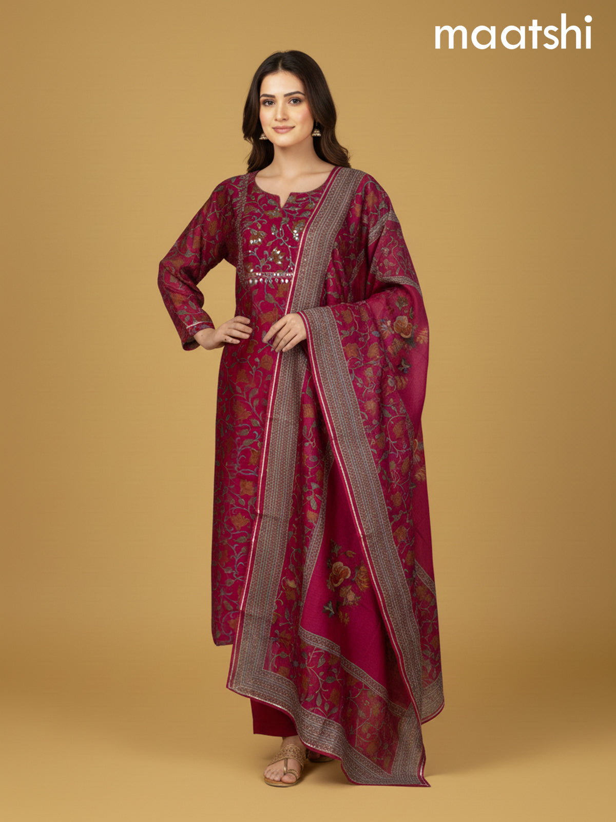 Pink Chanderi Printed Straight Suit