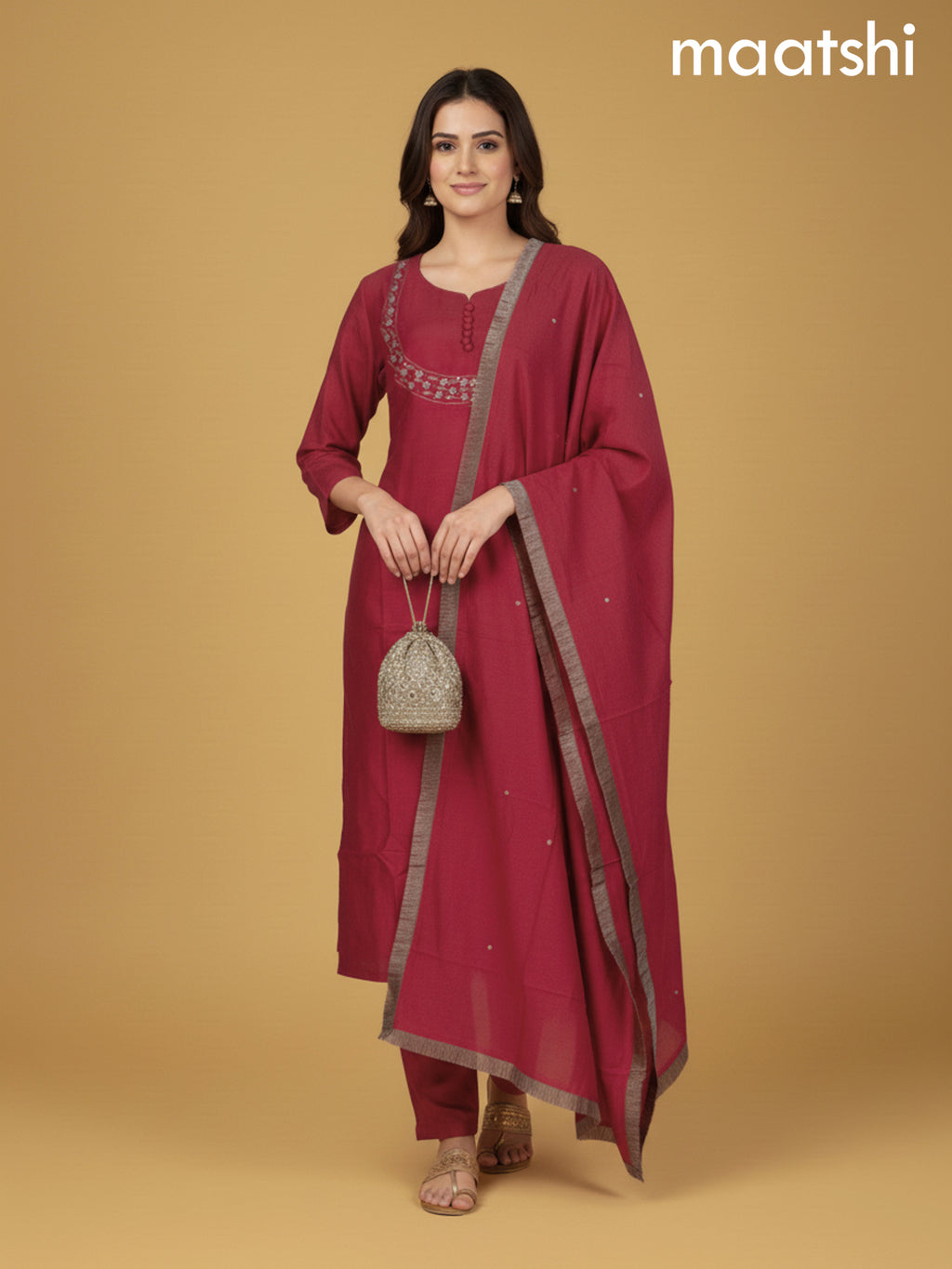 Red Shade Mul Chanderi Beaded Work Straight Suit