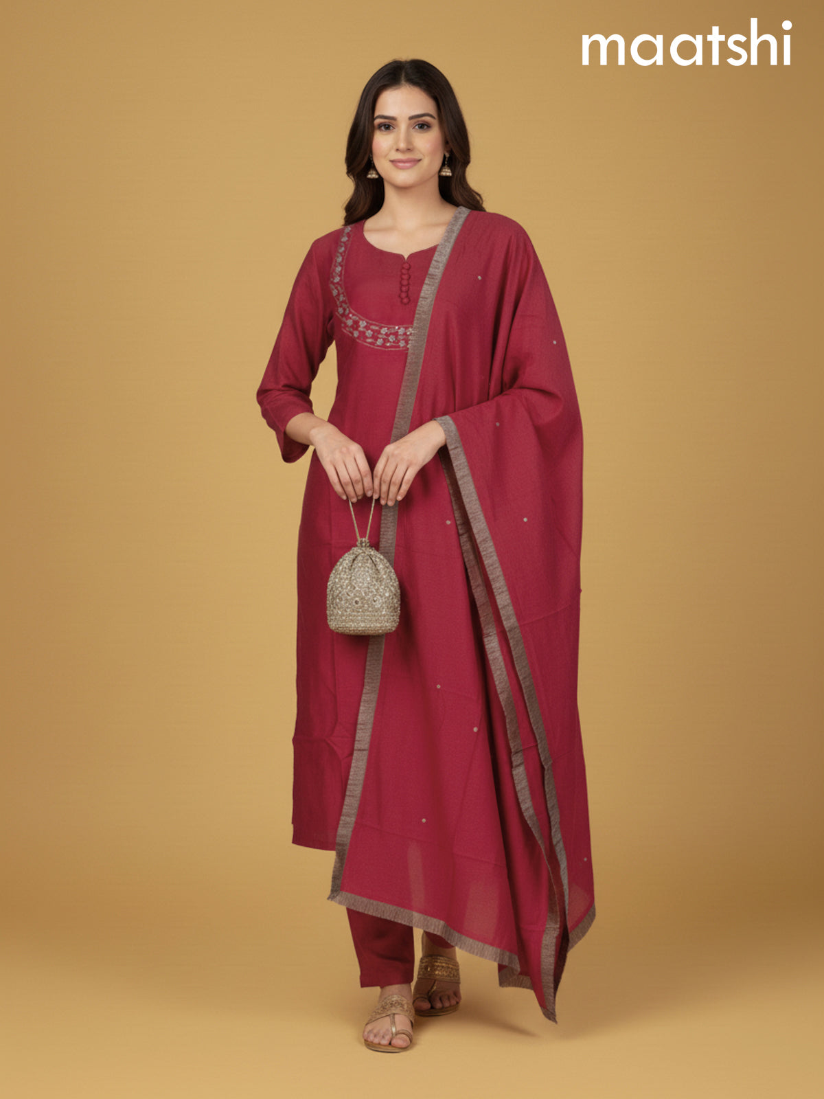 Red Shade Mul Chanderi Beaded Work Straight Suit