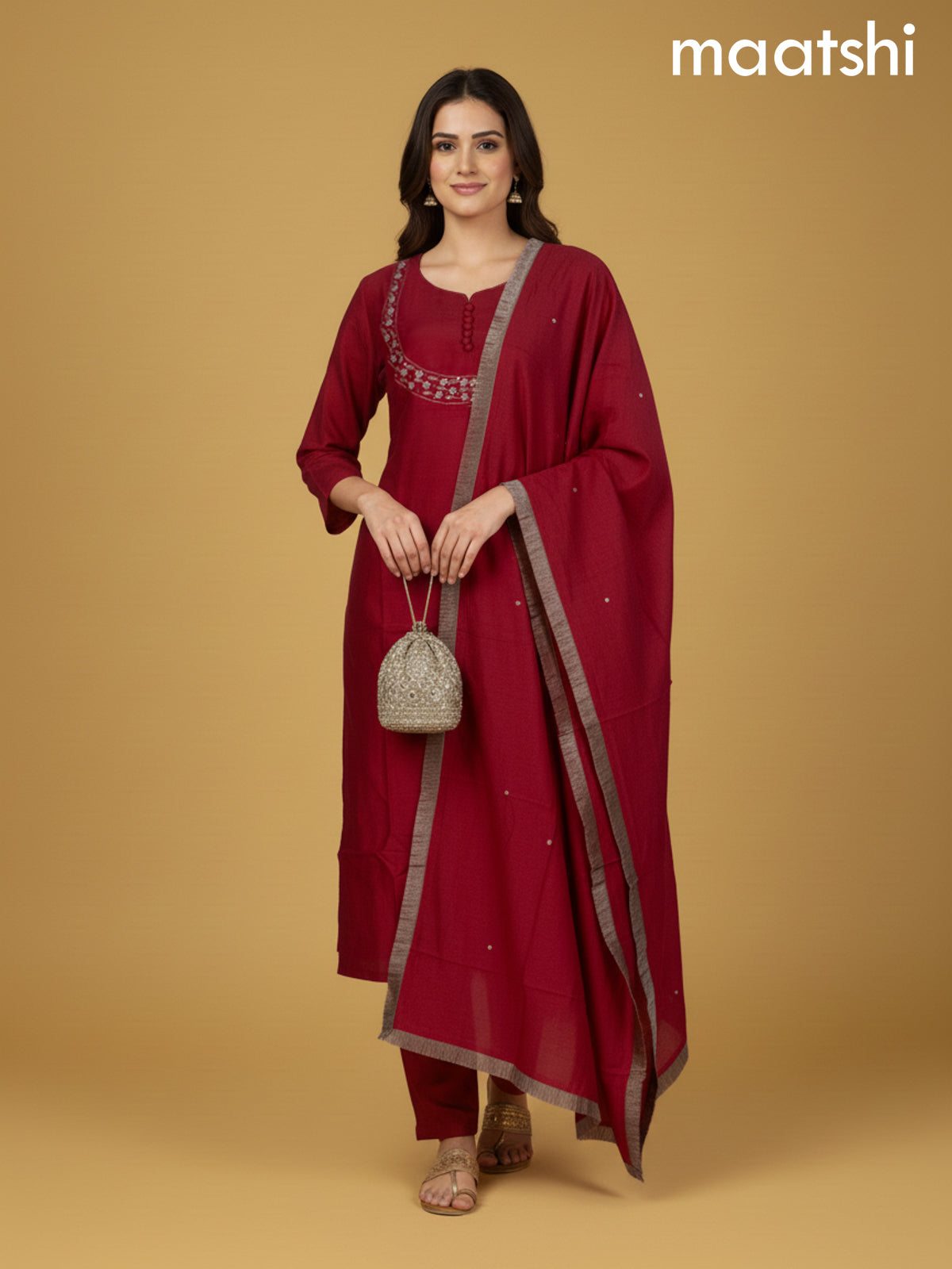 Red Shade Mul Chanderi Beaded Work Straight Suit