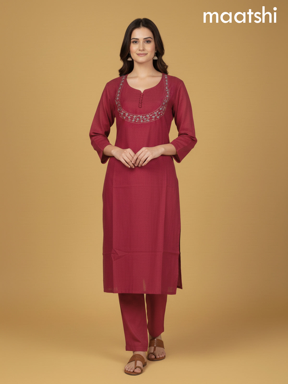 Red Shade Mul Chanderi Beaded Work Straight Suit