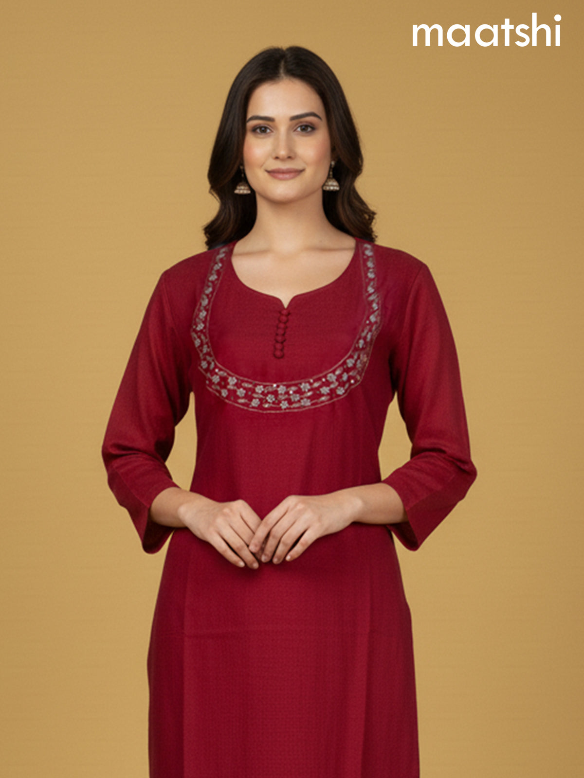 Red Shade Mul Chanderi Beaded Work Straight Suit