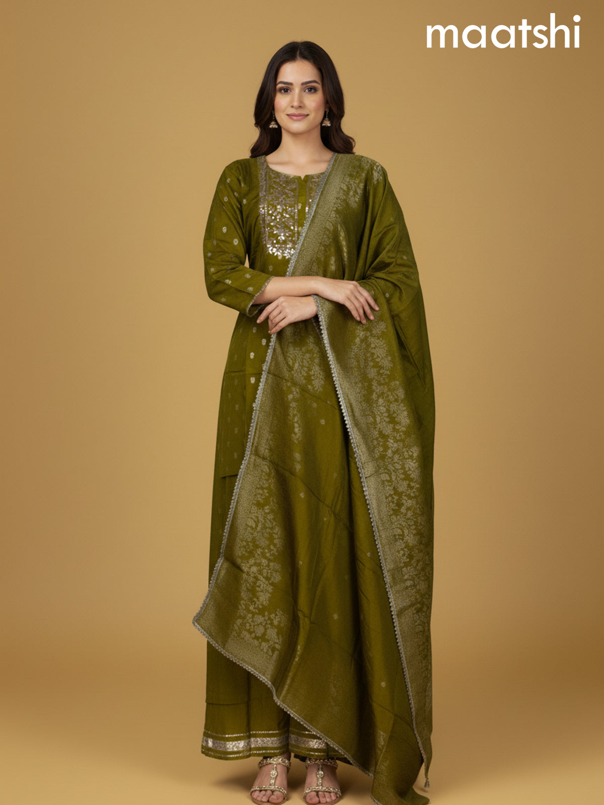 Mehendi Green Semi Silk Gotta Patti Work Short Suit