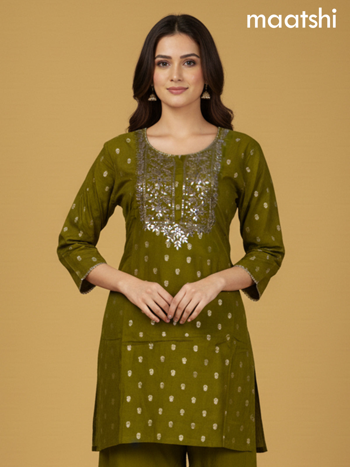 Mehendi Green Semi Silk Gotta Patti Work Short Suit
