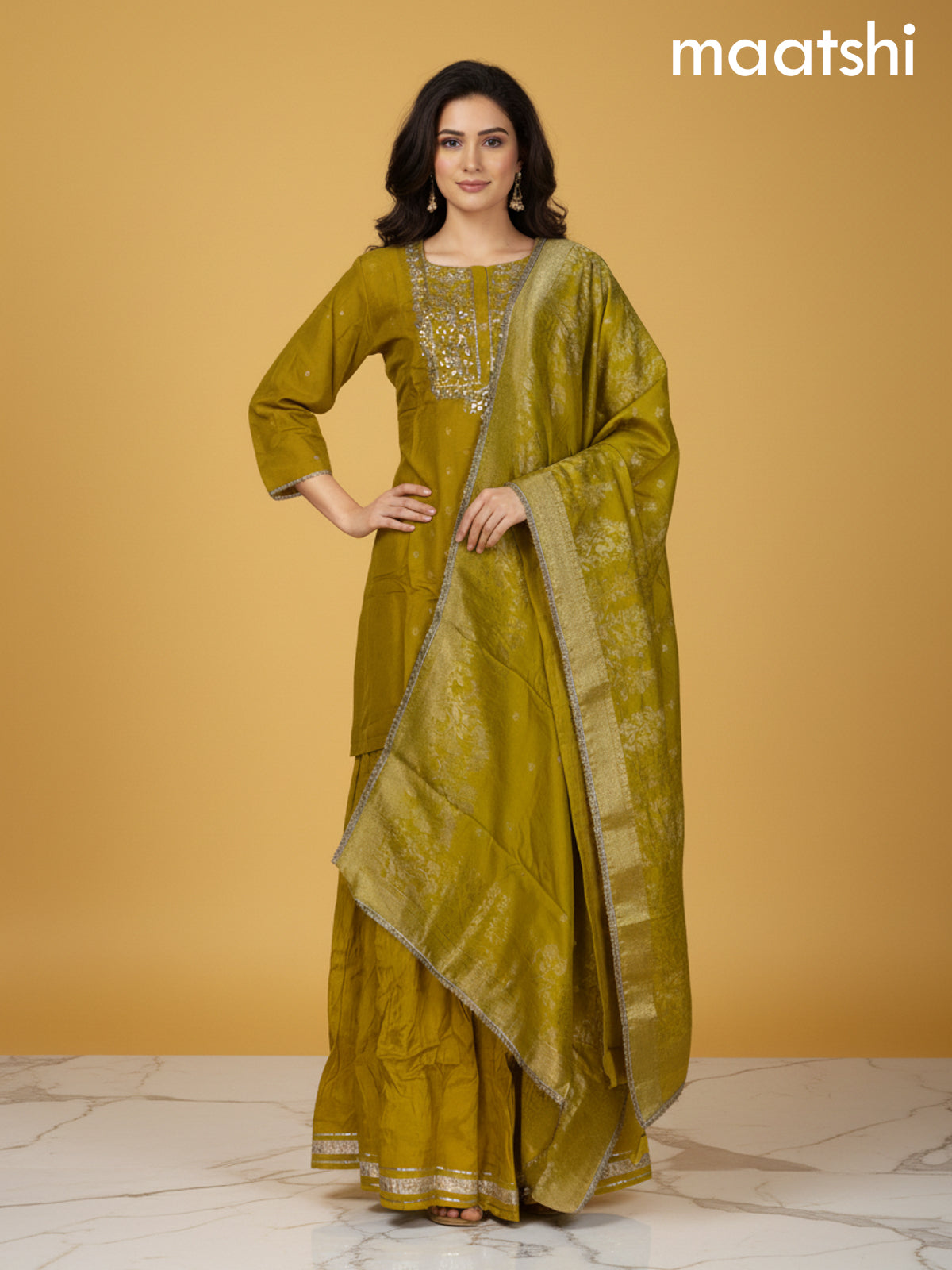 Mustard Yellow Semi Silk Gotta Patti Work Short Suit