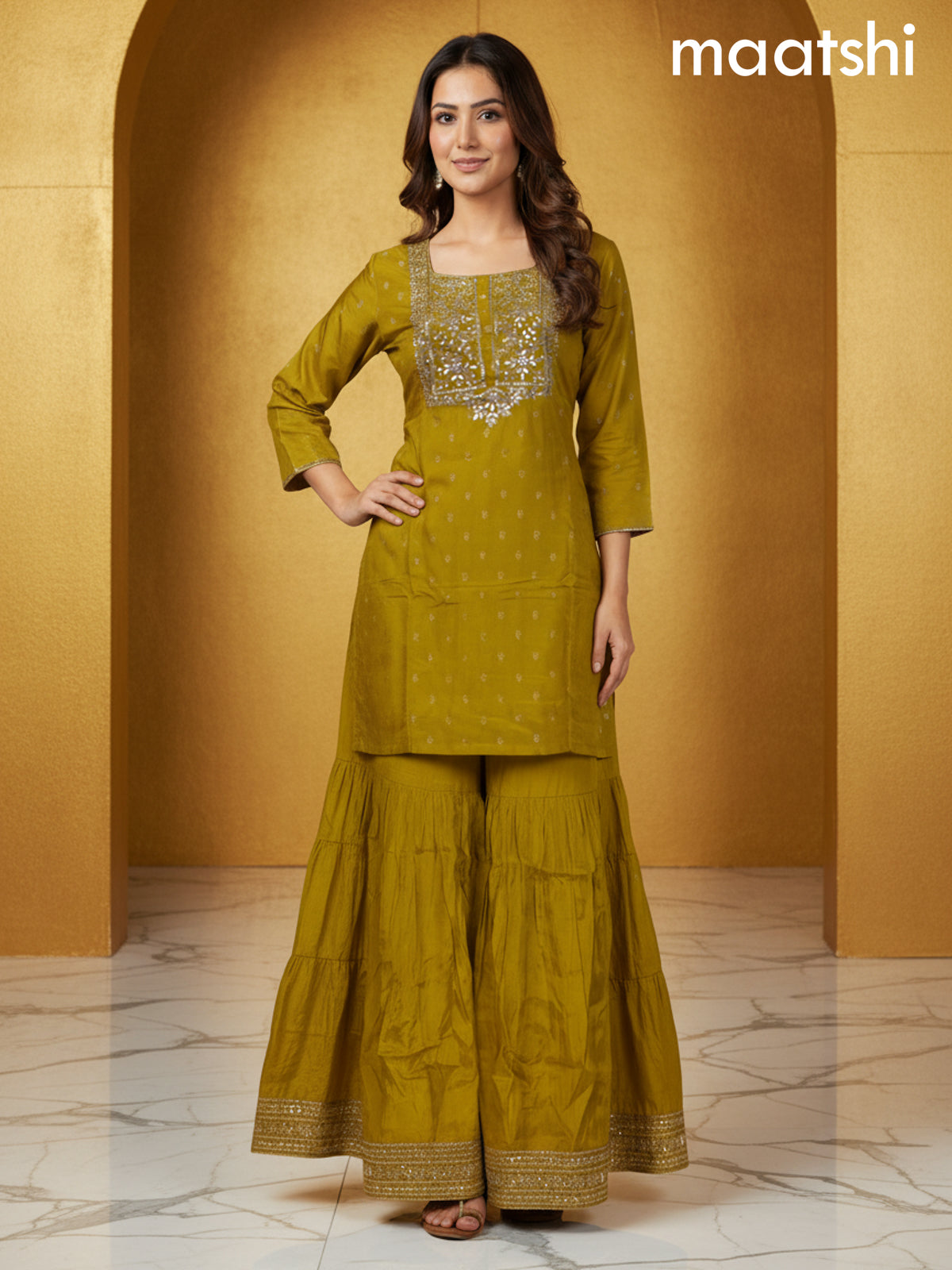 Mustard Yellow Semi Silk Gotta Patti Work Short Suit