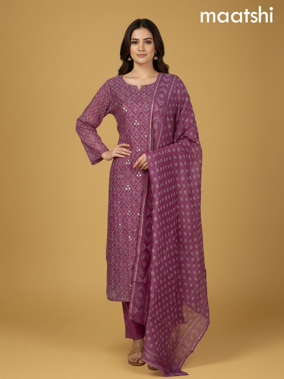 Peach Pink Chanderi Printed Straight Suit