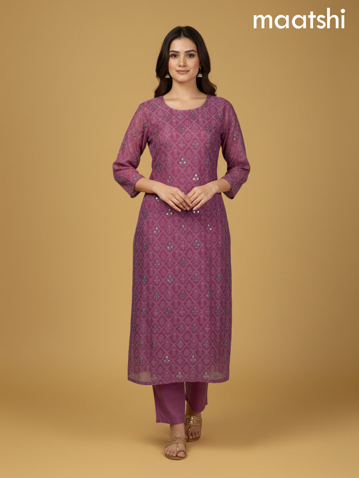 Peach Pink Chanderi Printed Straight Suit