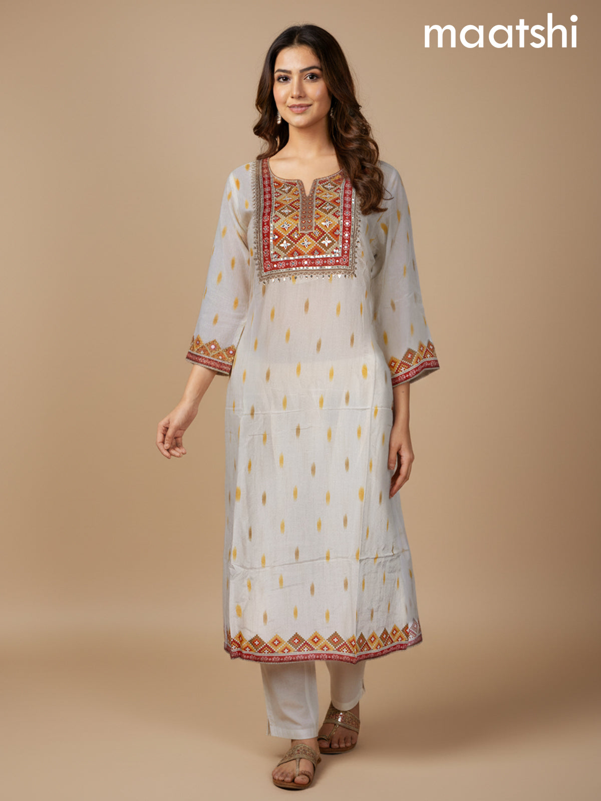 Off White Muslin Printed Straight Suit