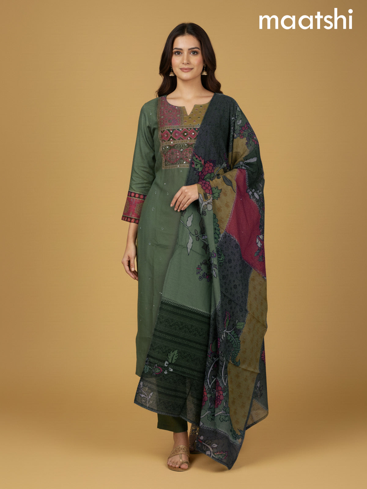 Green Shade Chanderi Sequin Straight Suit