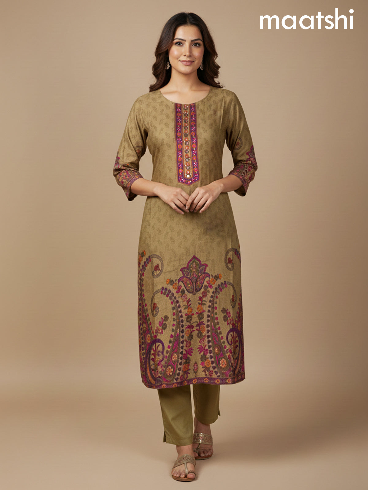 Sap Green Shade Russian Silk Printed Straight Suit