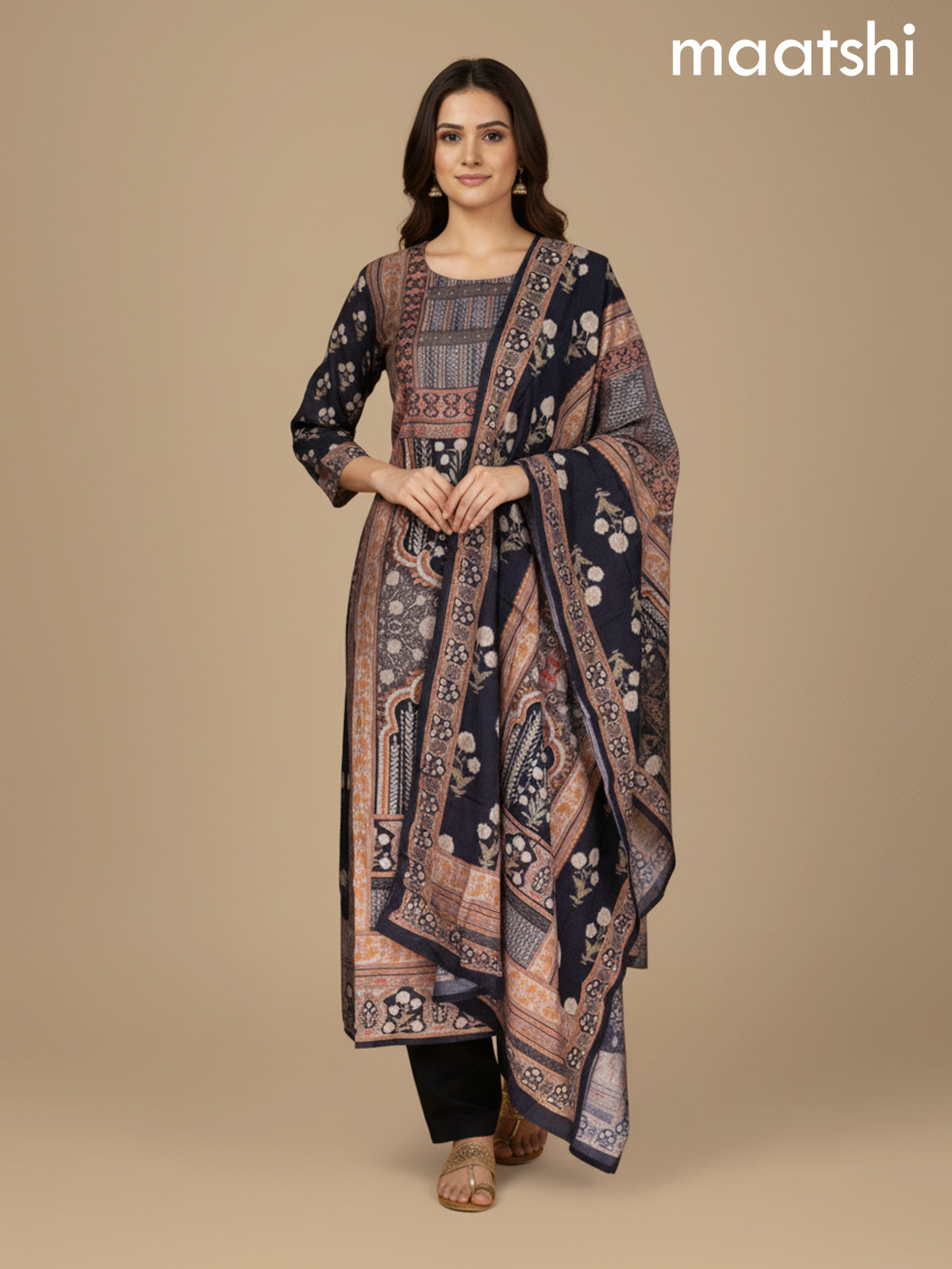 Black and Beige Modal Printed Straight Suit