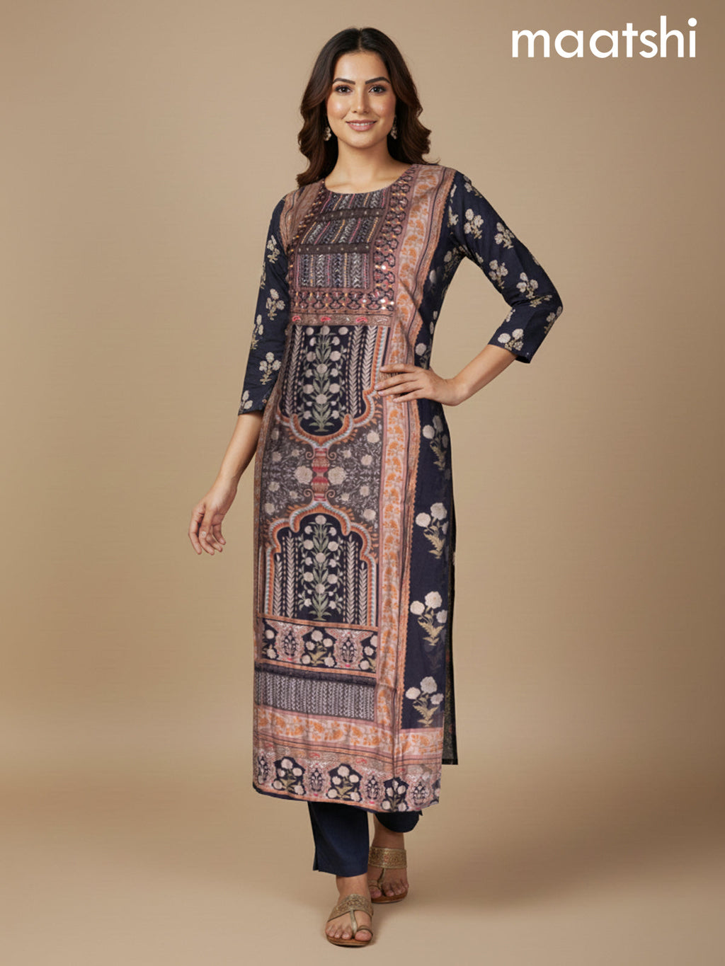 Black and Beige Modal Printed Straight Suit