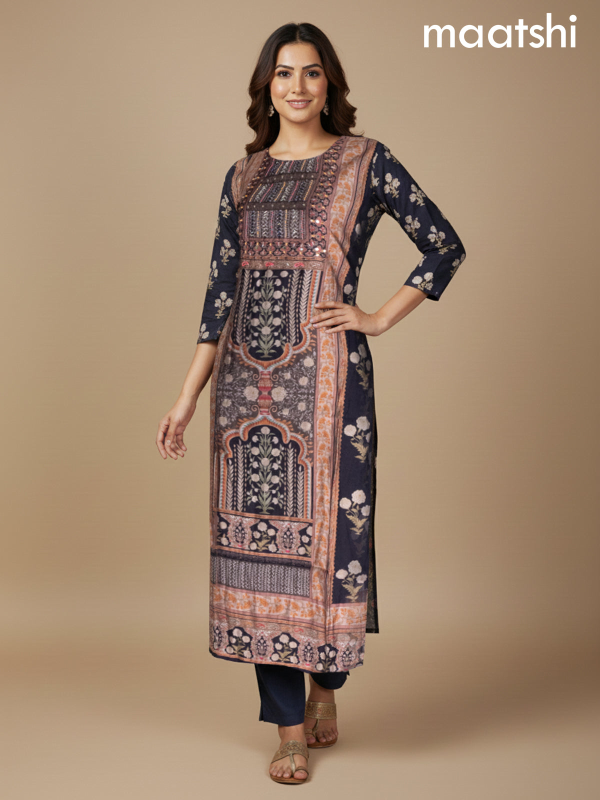 Black and Beige Modal Printed Straight Suit