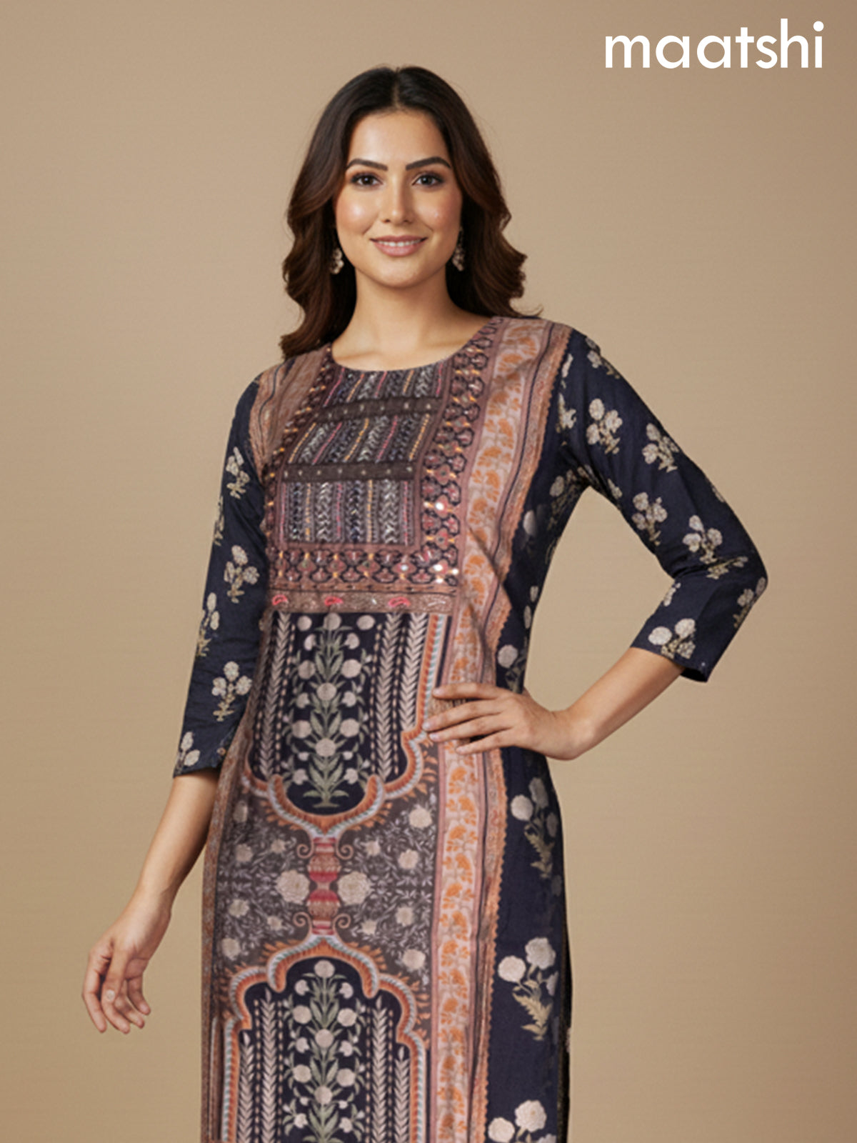 Black and Beige Modal Printed Straight Suit