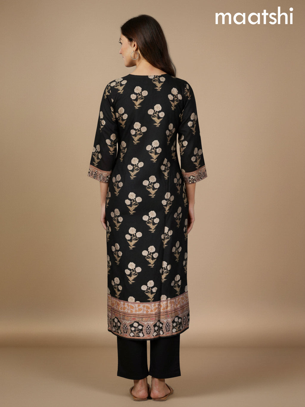 Black and Beige Modal Printed Straight Suit