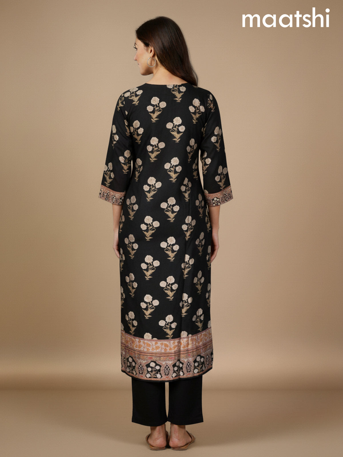 Black and Beige Modal Printed Straight Suit