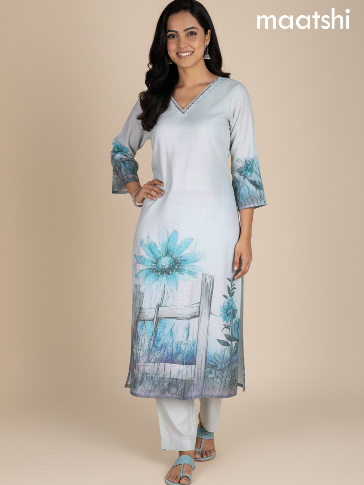 Pastel Blue Cotton Blend Floral Printed Straight Suit