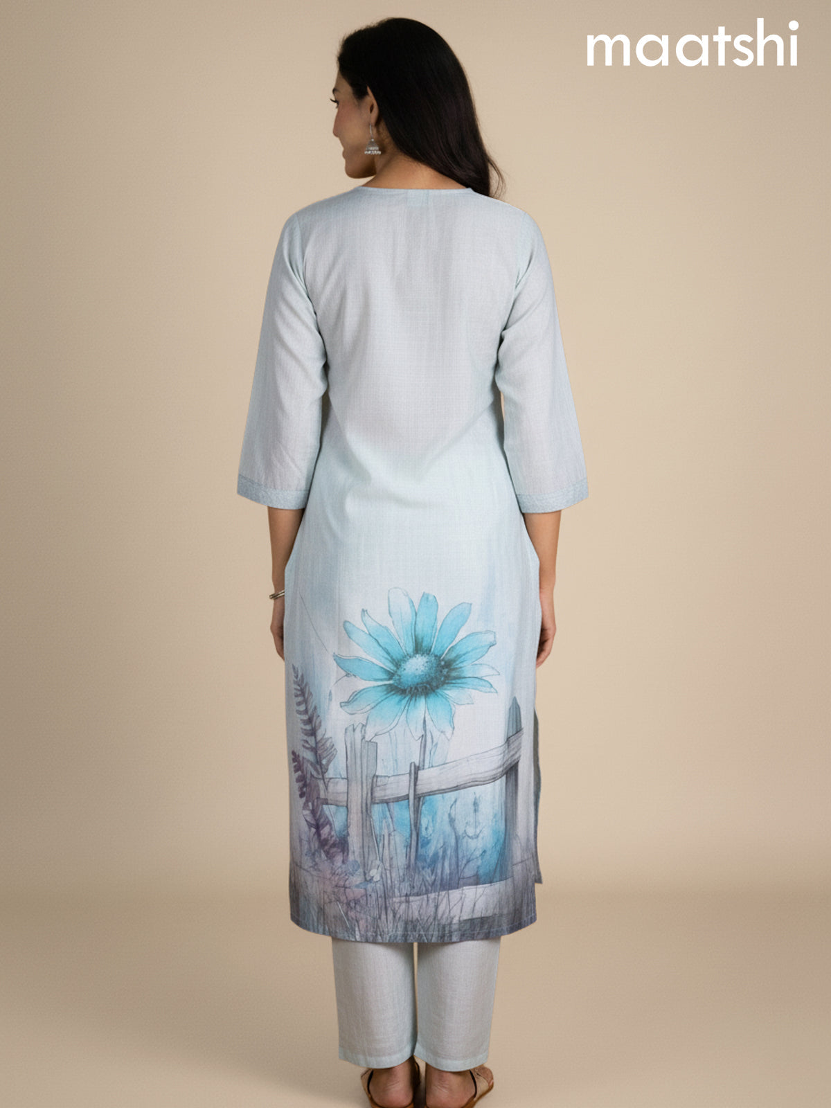 Pastel Blue Cotton Blend Floral Printed Straight Suit