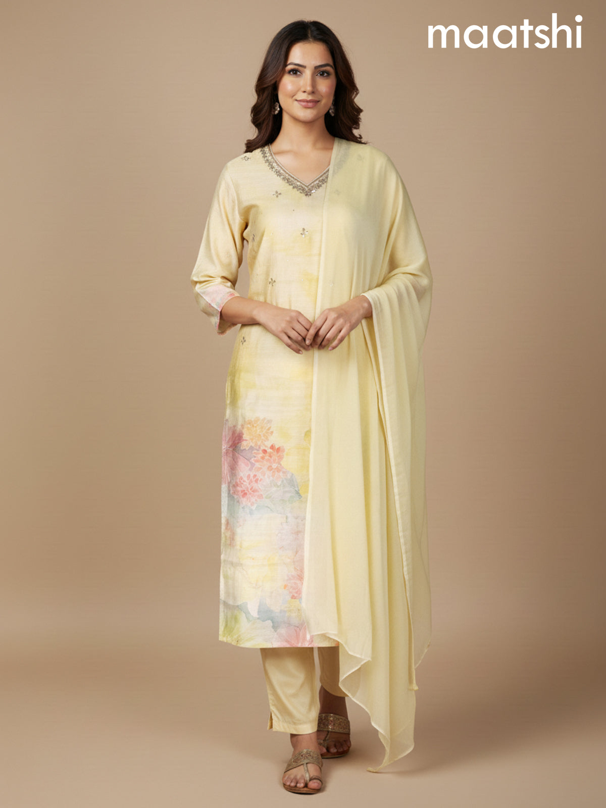 Pale Yellow Cotton Blend Floral Printed Straight Suit