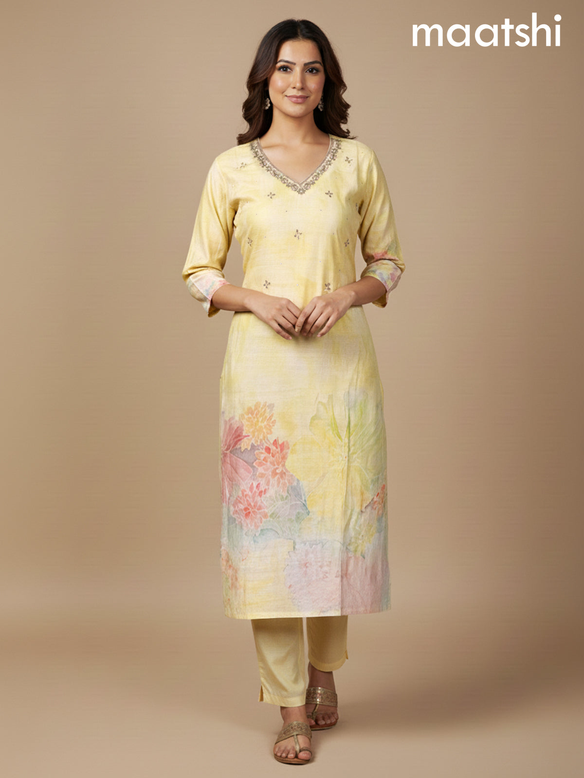 Pale Yellow Cotton Blend Floral Printed Straight Suit