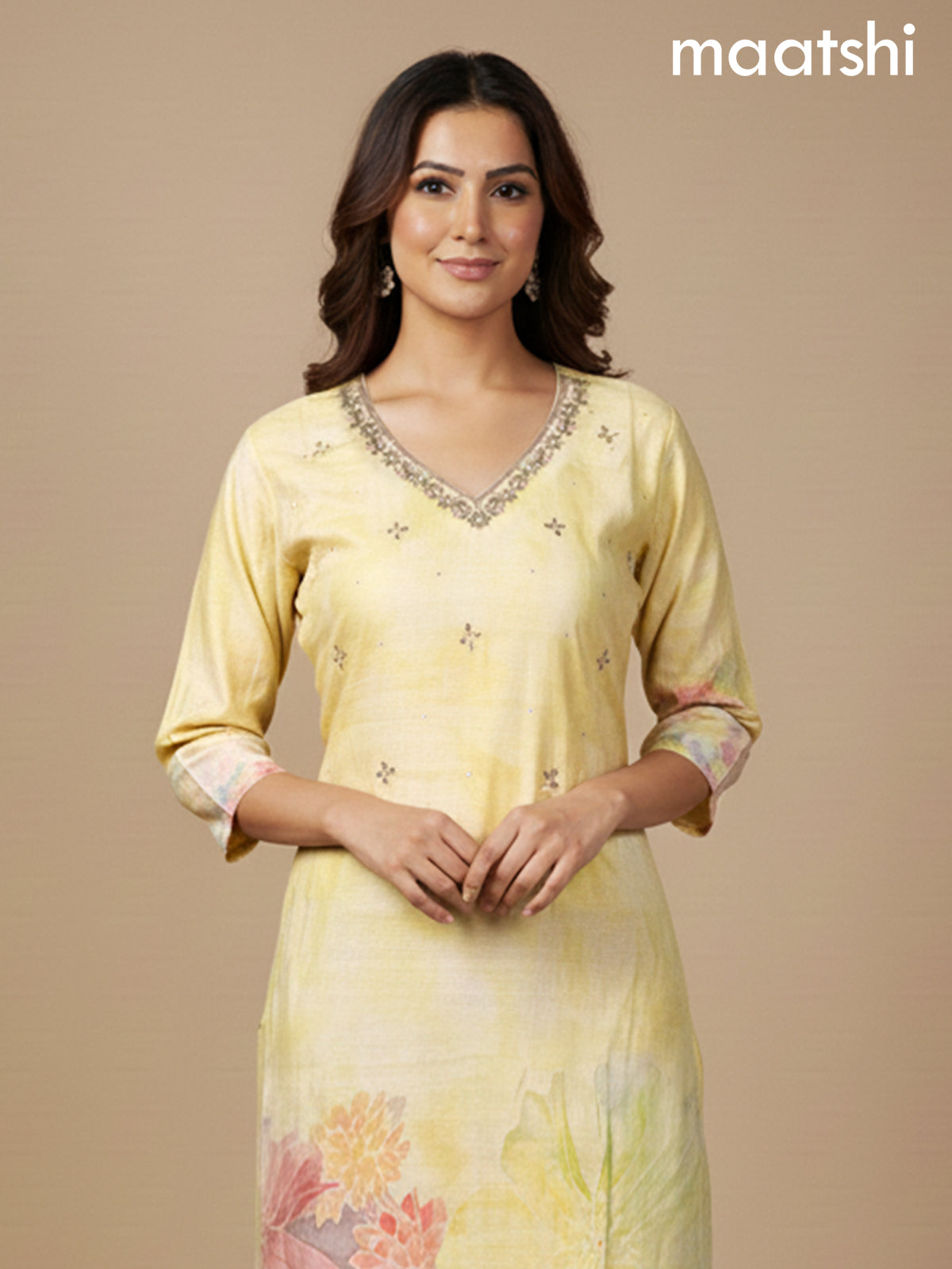 Pale Yellow Cotton Blend Floral Printed Straight Suit