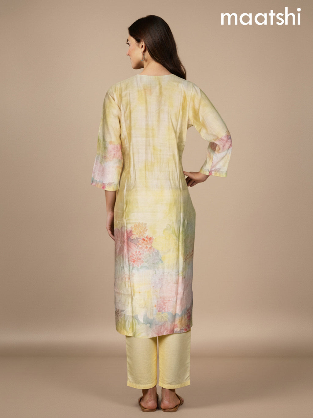 Pale Yellow Cotton Blend Floral Printed Straight Suit
