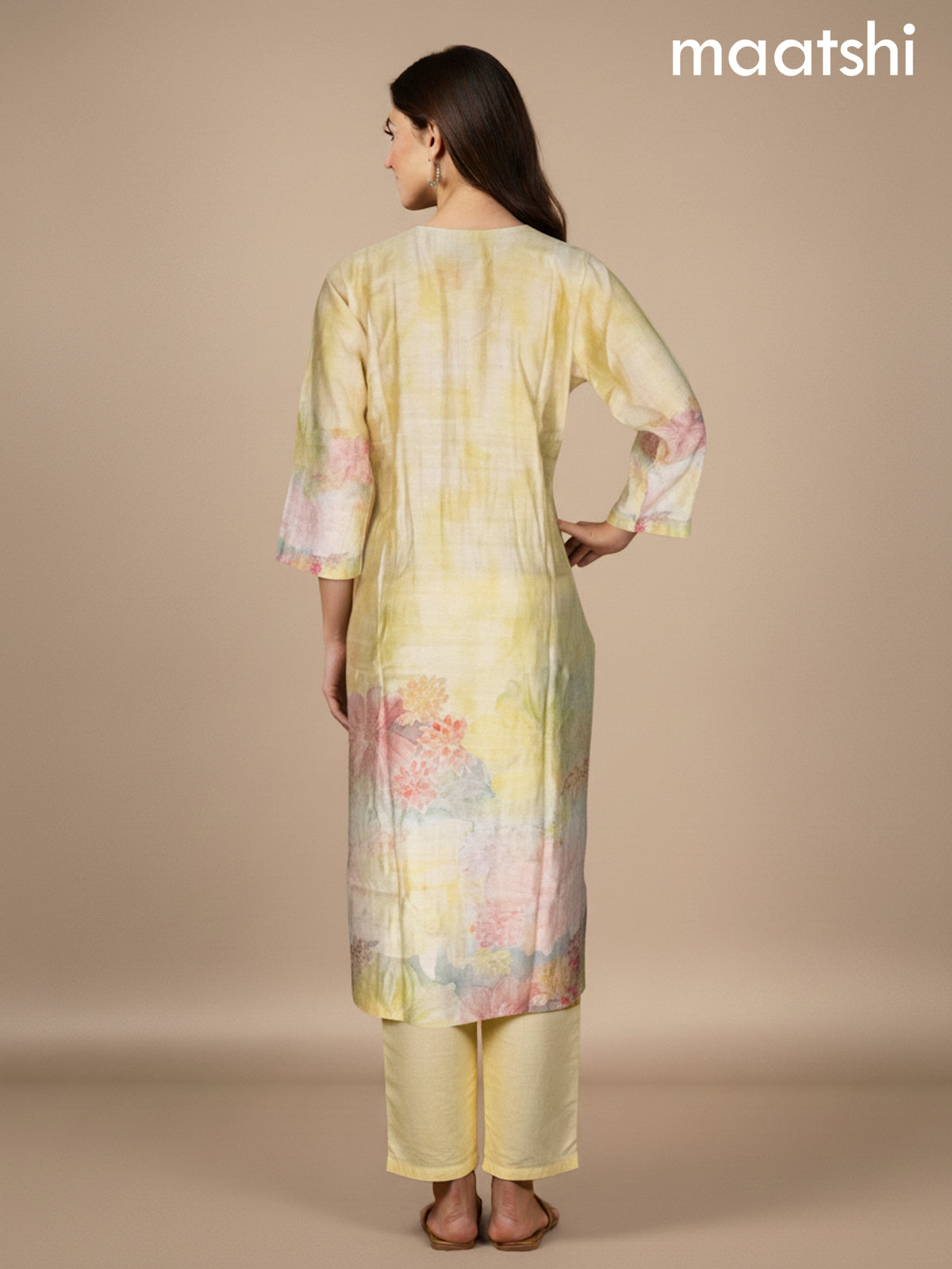 Pale Yellow Cotton Blend Floral Printed Straight Suit