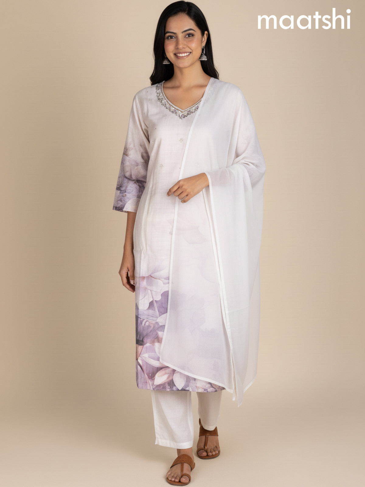 Off White Cotton Blend Floral Printed Straight Suit