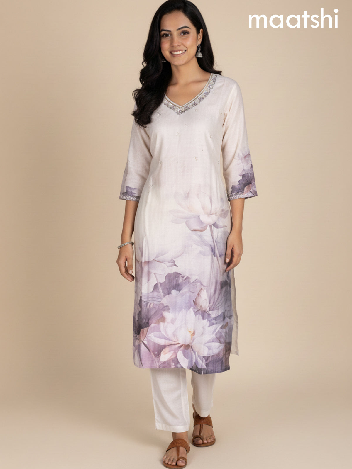 Off White Cotton Blend Floral Printed Straight Suit