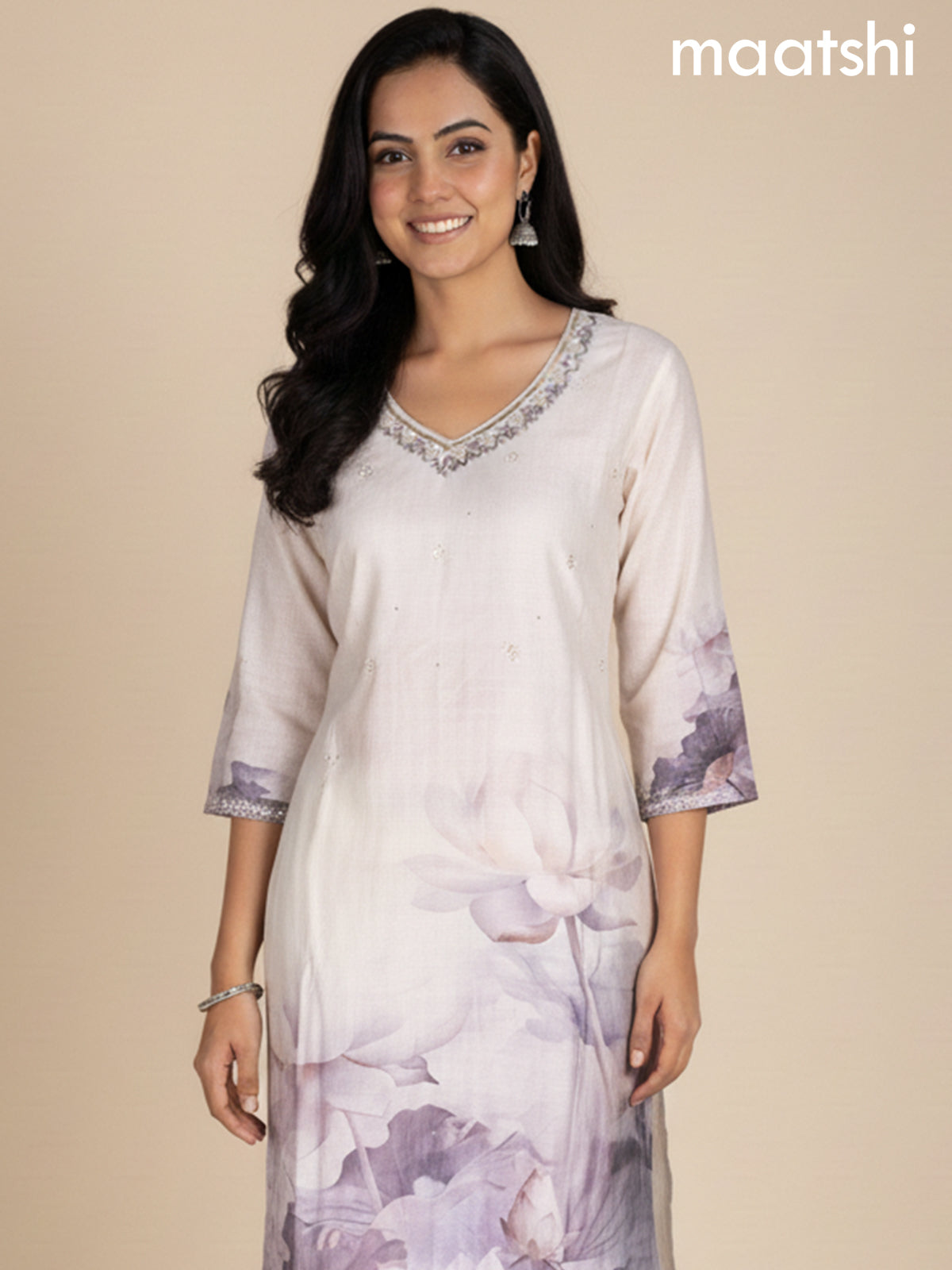 Off White Cotton Blend Floral Printed Straight Suit
