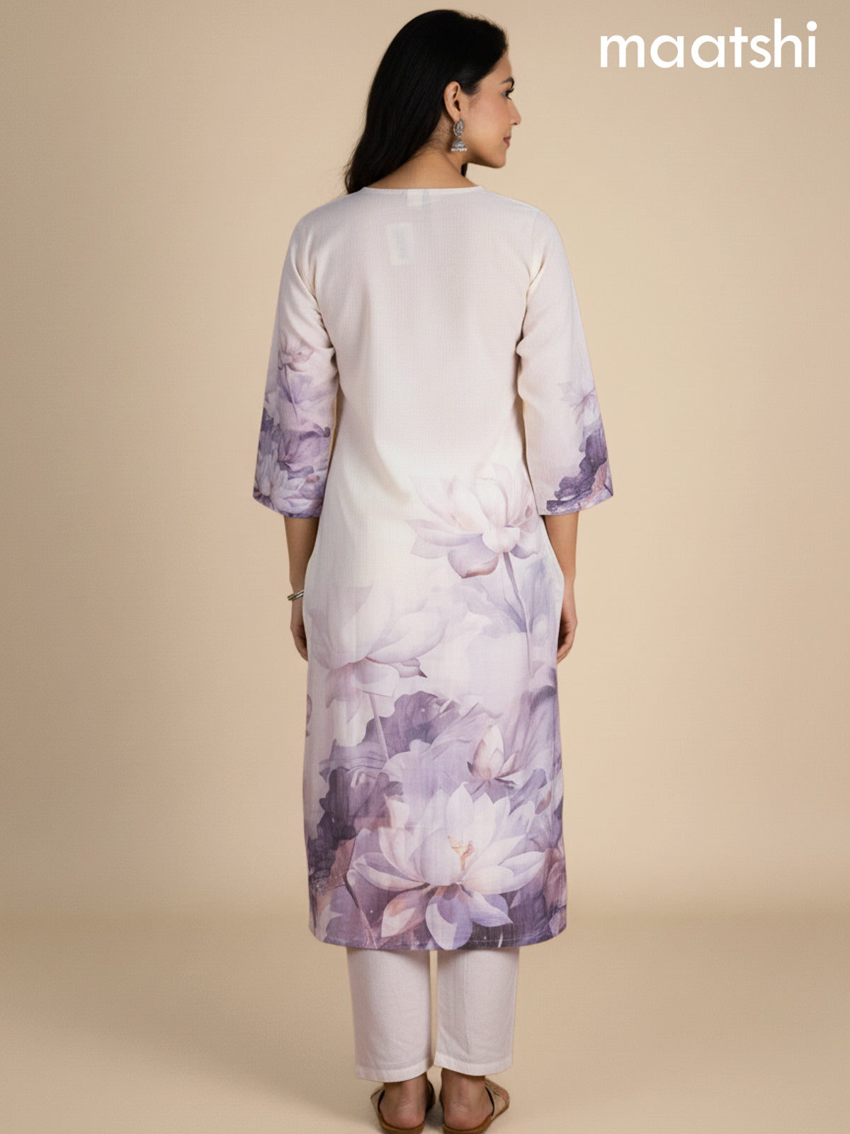 Off White Cotton Blend Floral Printed Straight Suit