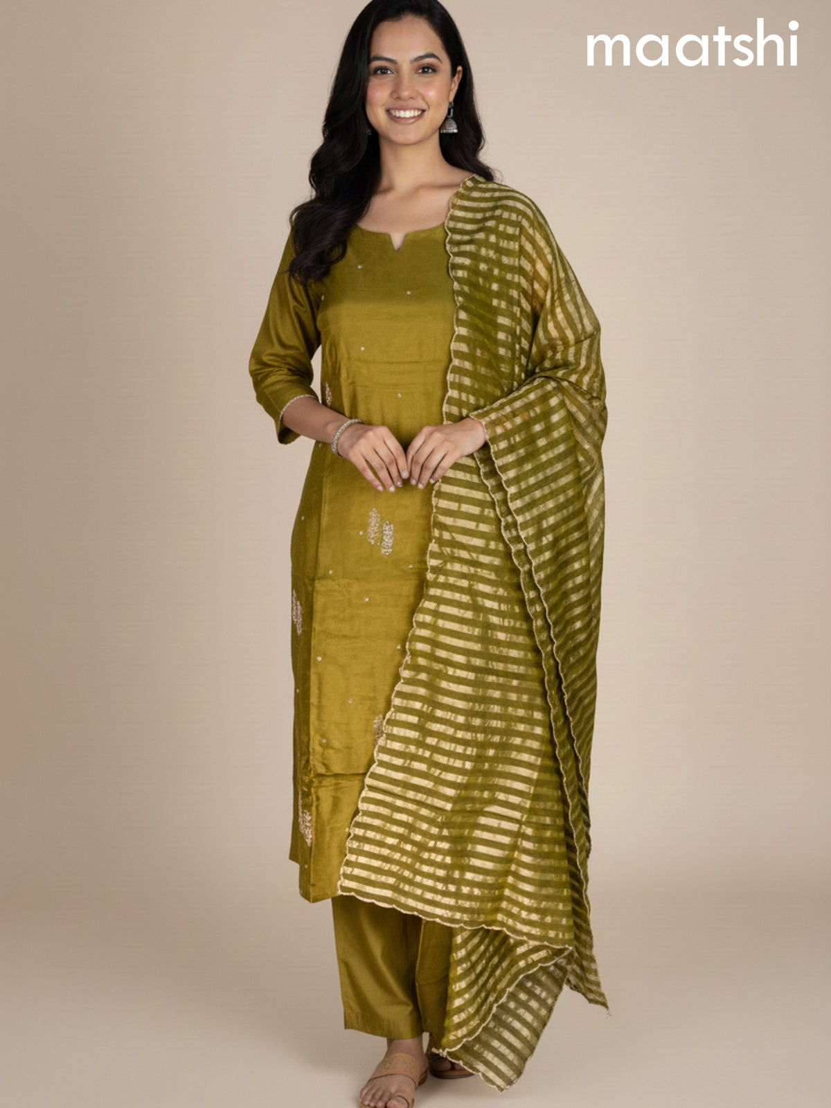 Mehendi Green Dola Silk Gotta Patti Work Straight Suit