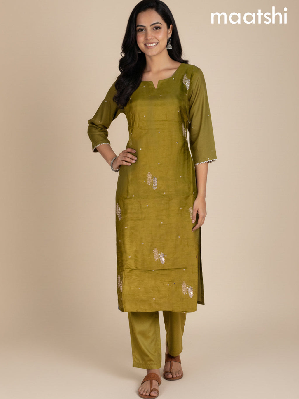 Mehendi Green Dola Silk Gotta Patti Work Straight Suit