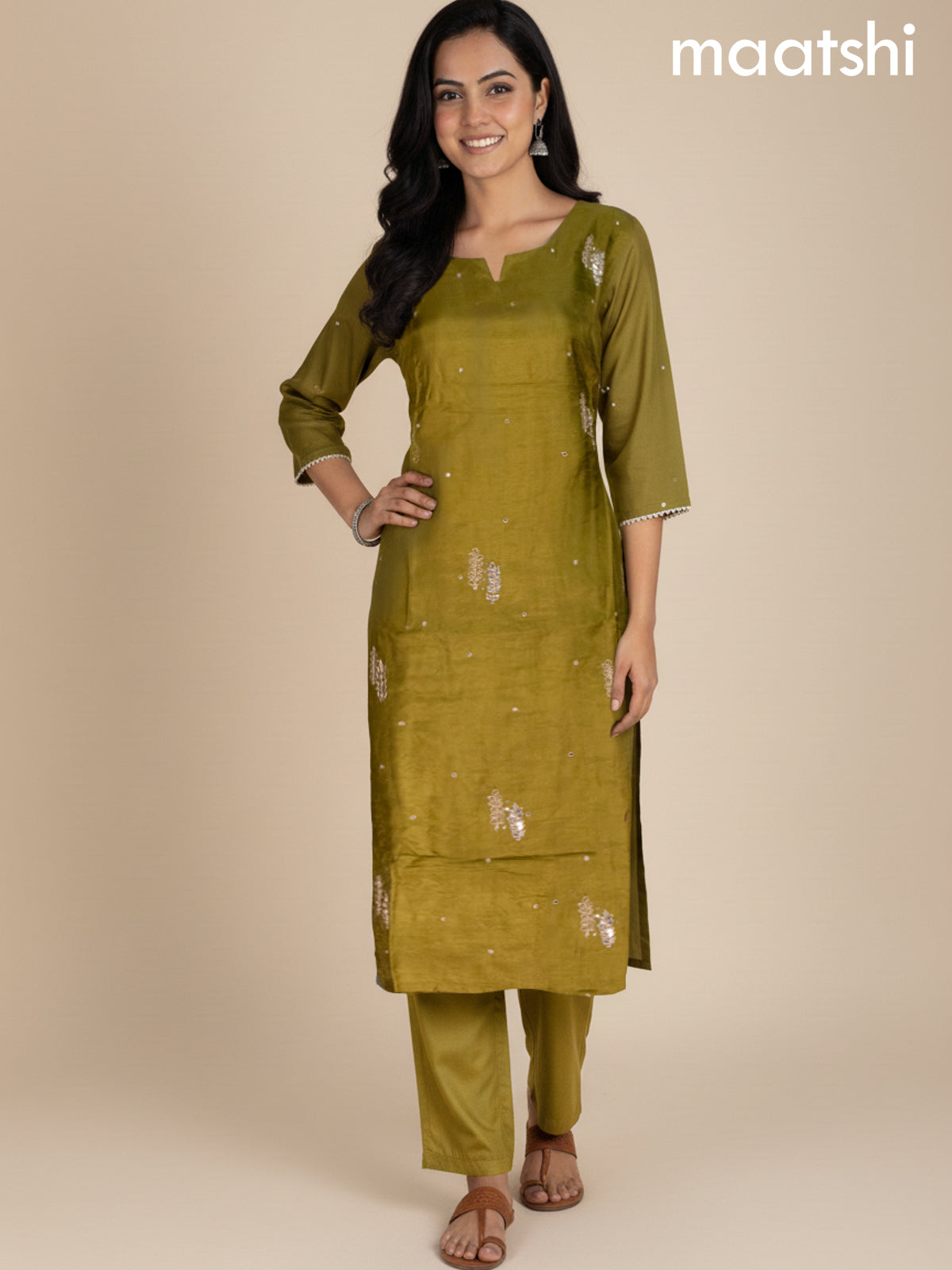 Mehendi Green Dola Silk Gotta Patti Work Straight Suit