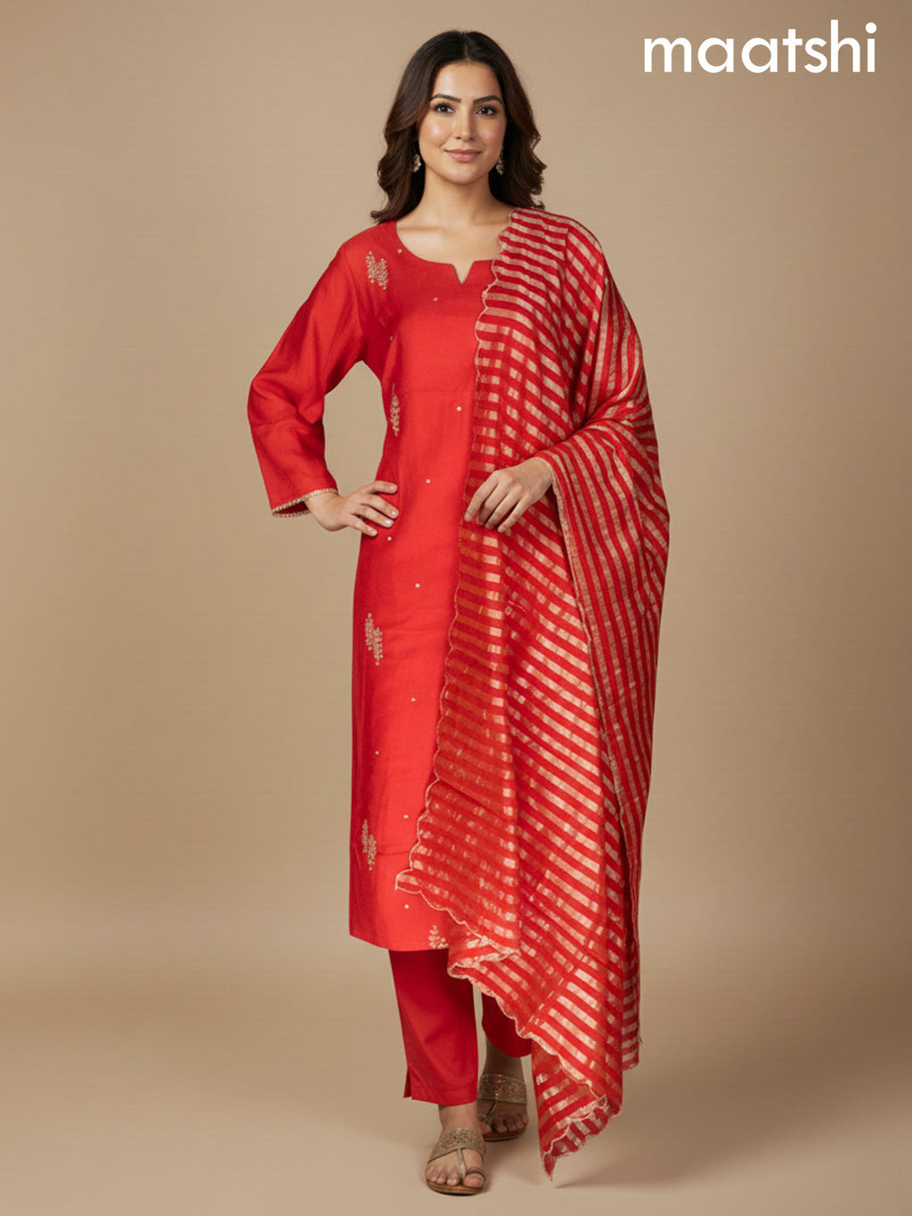 Red Dola Silk Gotta Patti Work Straight Suit