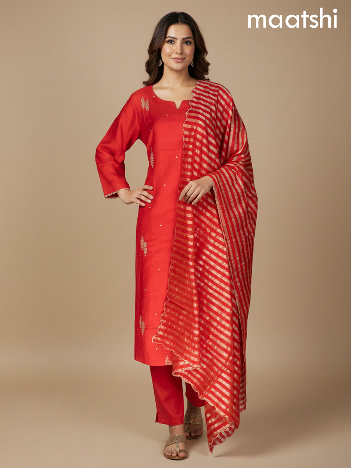 Red Dola Silk Gotta Patti Work Straight Suit