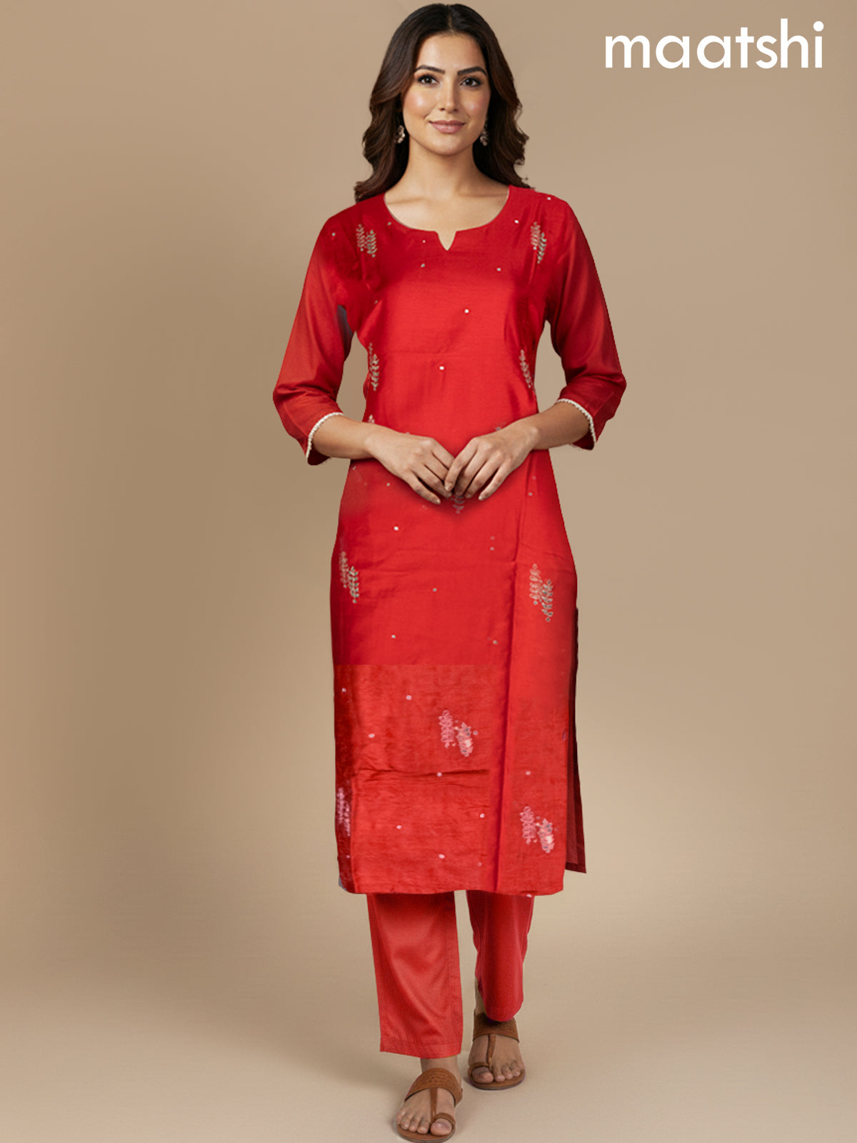 Red Dola Silk Gotta Patti Work Straight Suit