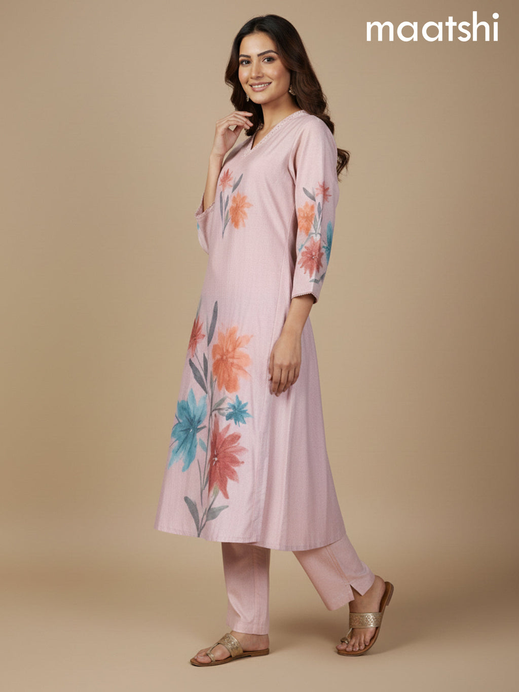 Peach Shade Cotton Blend Floral Printed A-Line Kurti Set