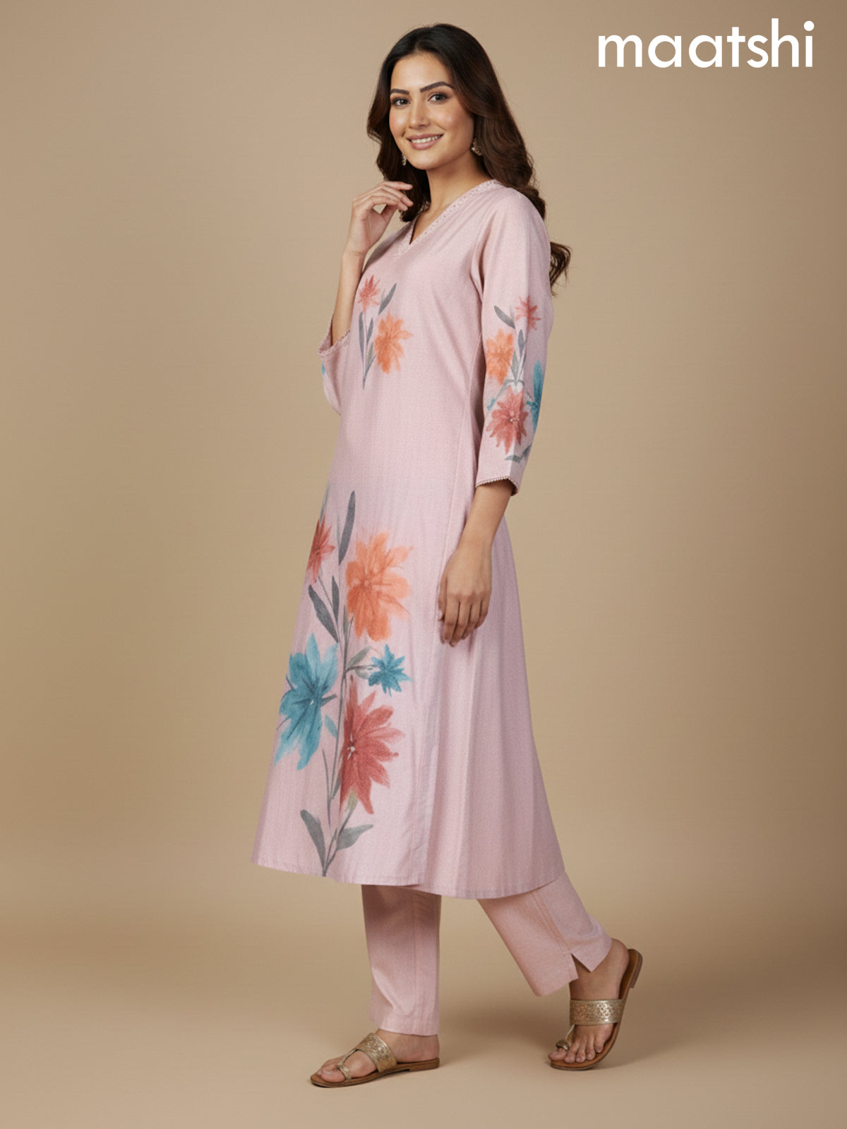 Peach Shade Cotton Blend Floral Printed A-Line Kurti Set