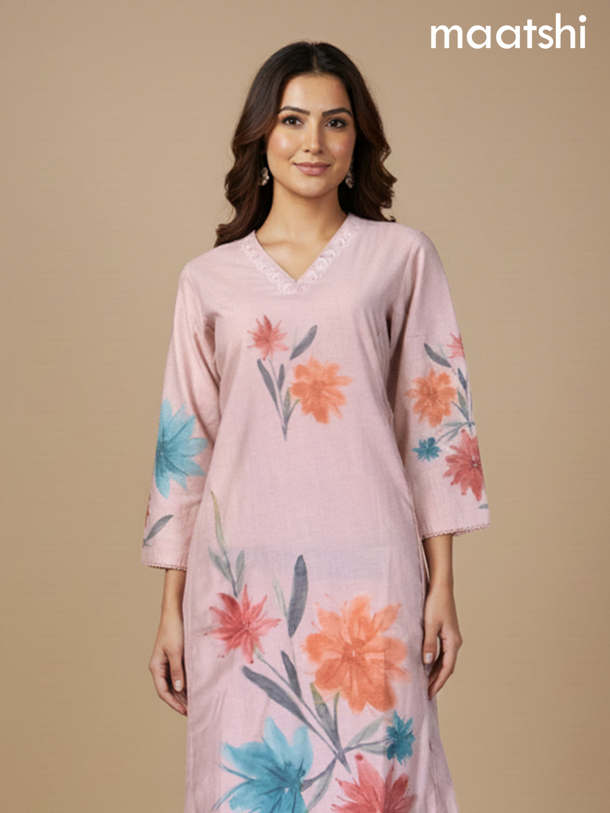 Peach Shade Cotton Blend Floral Printed A-Line Kurti Set