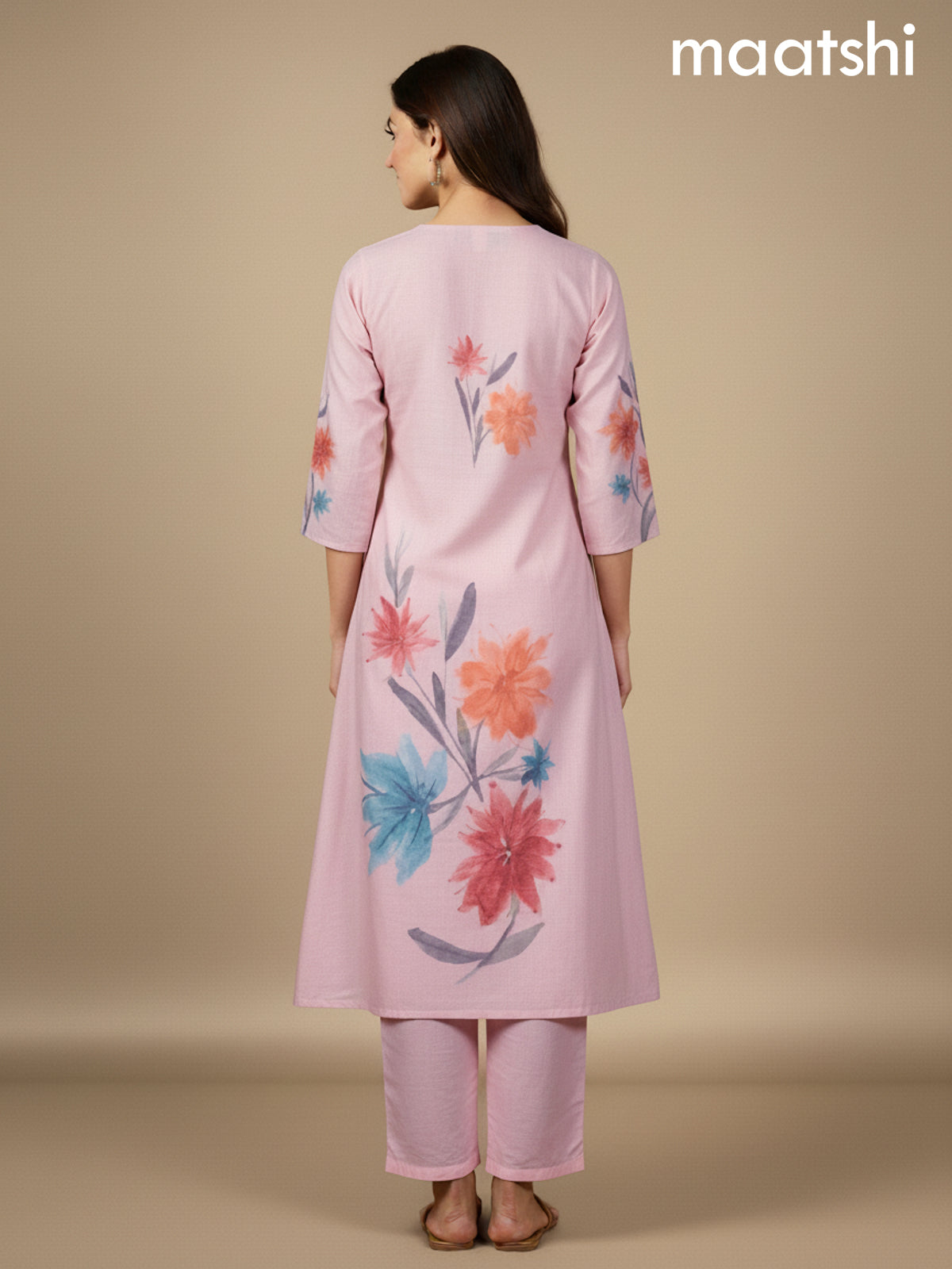 Peach Shade Cotton Blend Floral Printed A-Line Kurti Set