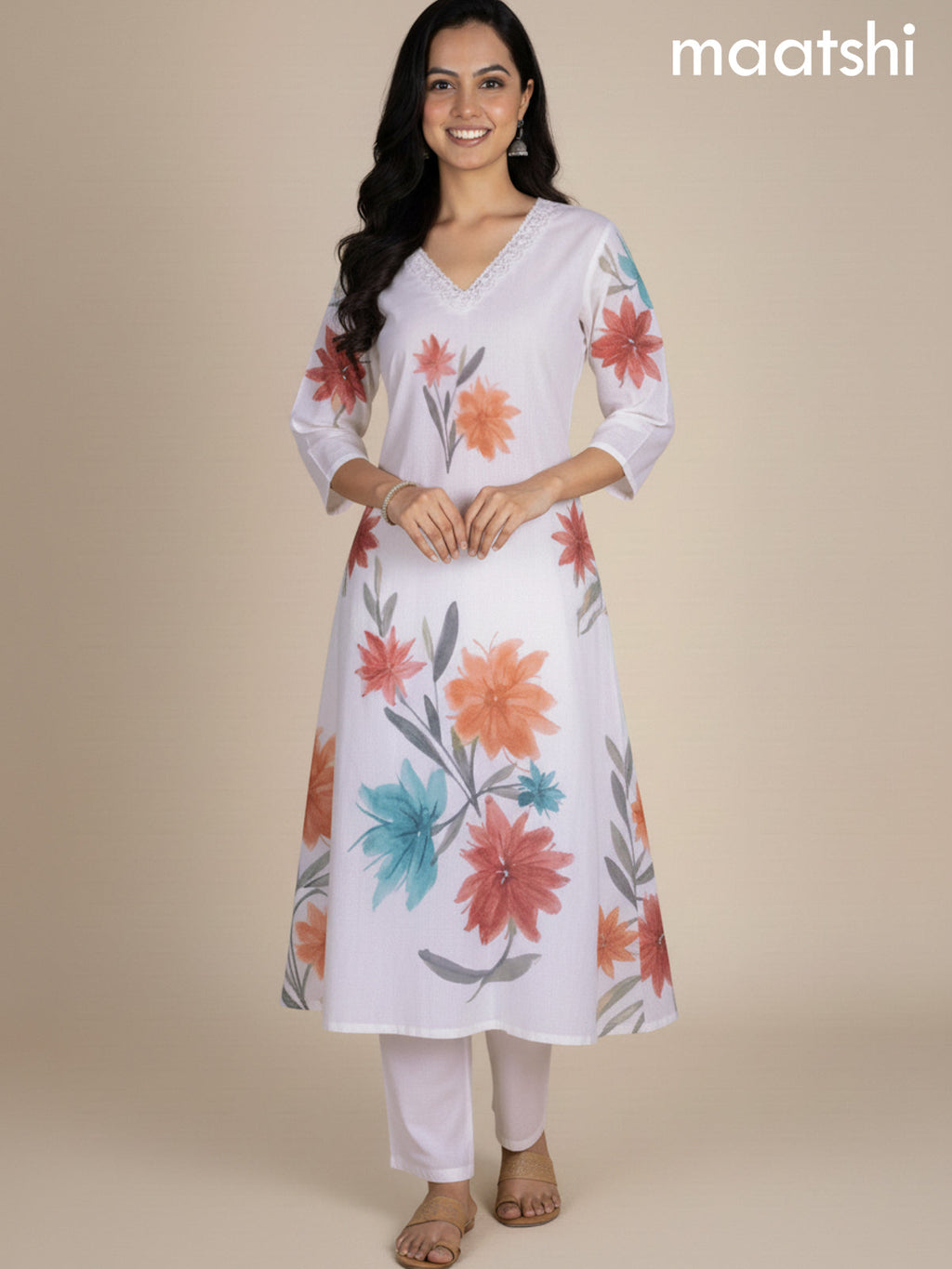 Off White Cotton Blend Floral Printed A-Line Kurti Set