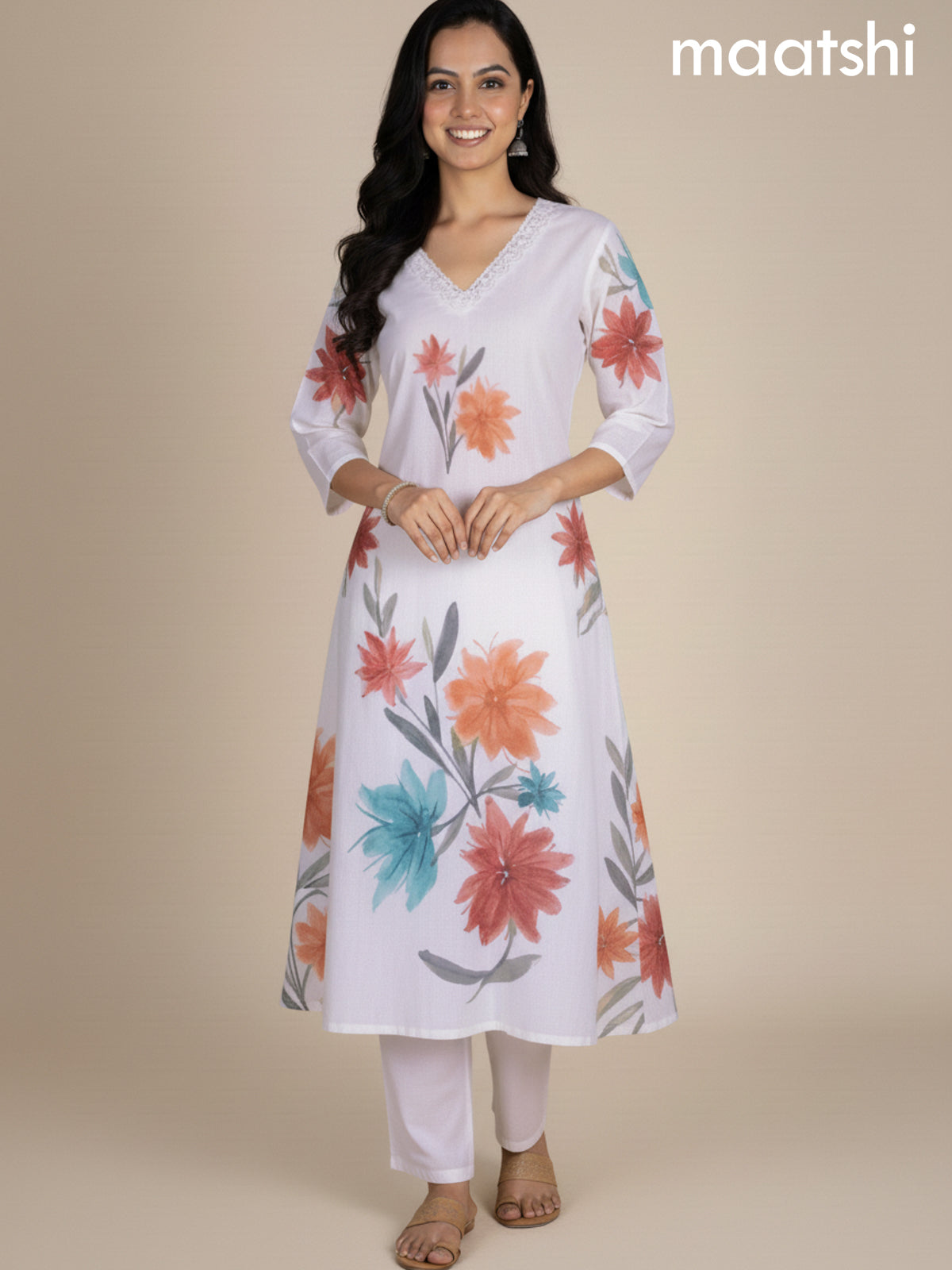 Off White Cotton Blend Floral Printed A-Line Kurti Set