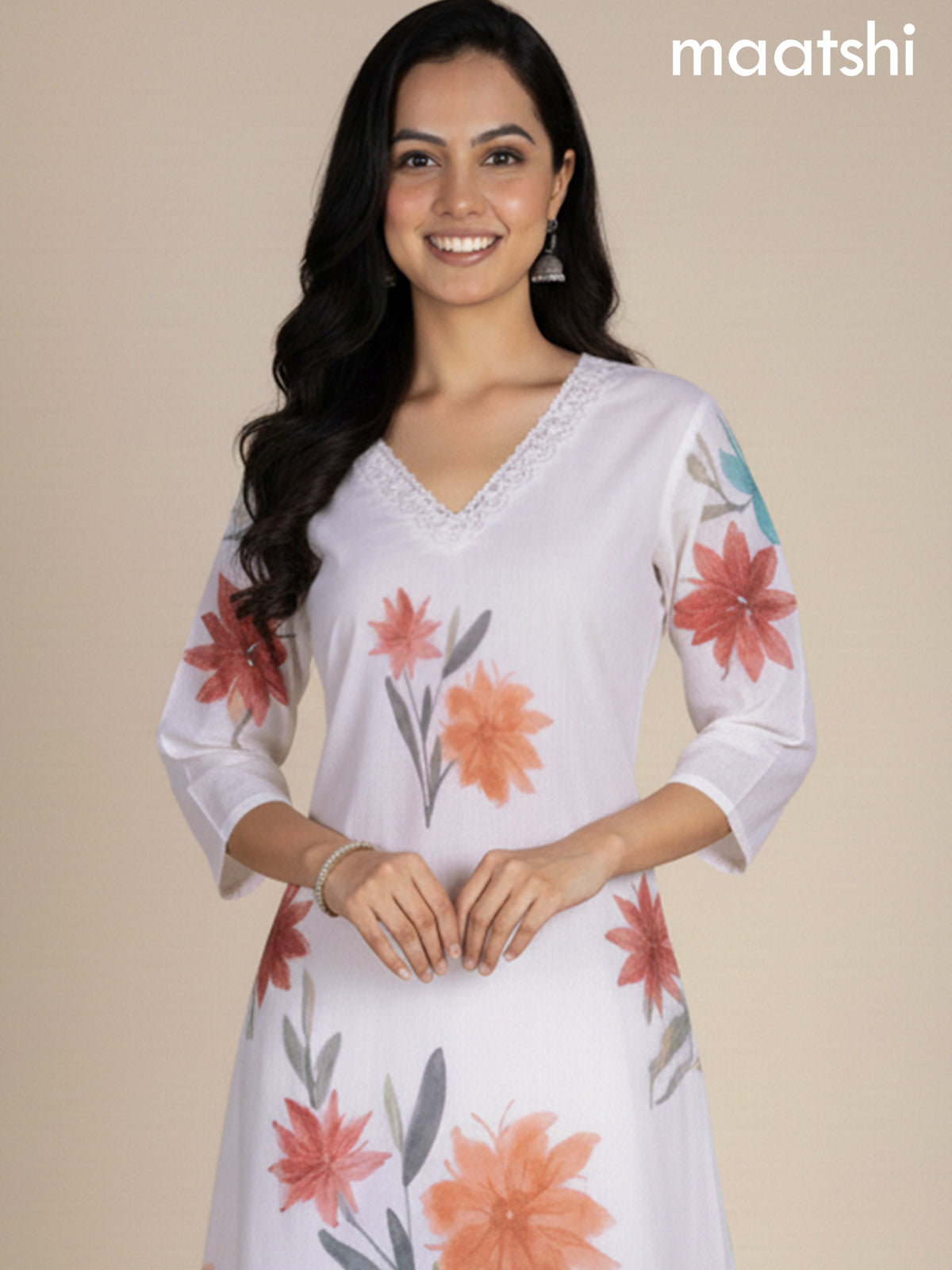 Off White Cotton Blend Floral Printed A-Line Kurti Set