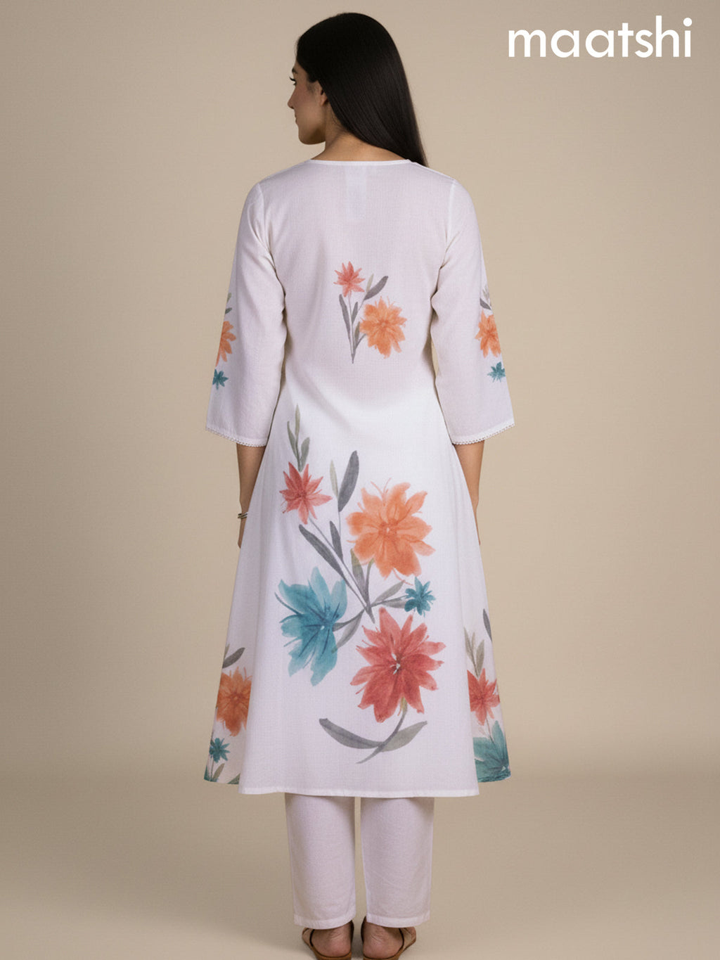 Off White Cotton Blend Floral Printed A-Line Kurti Set