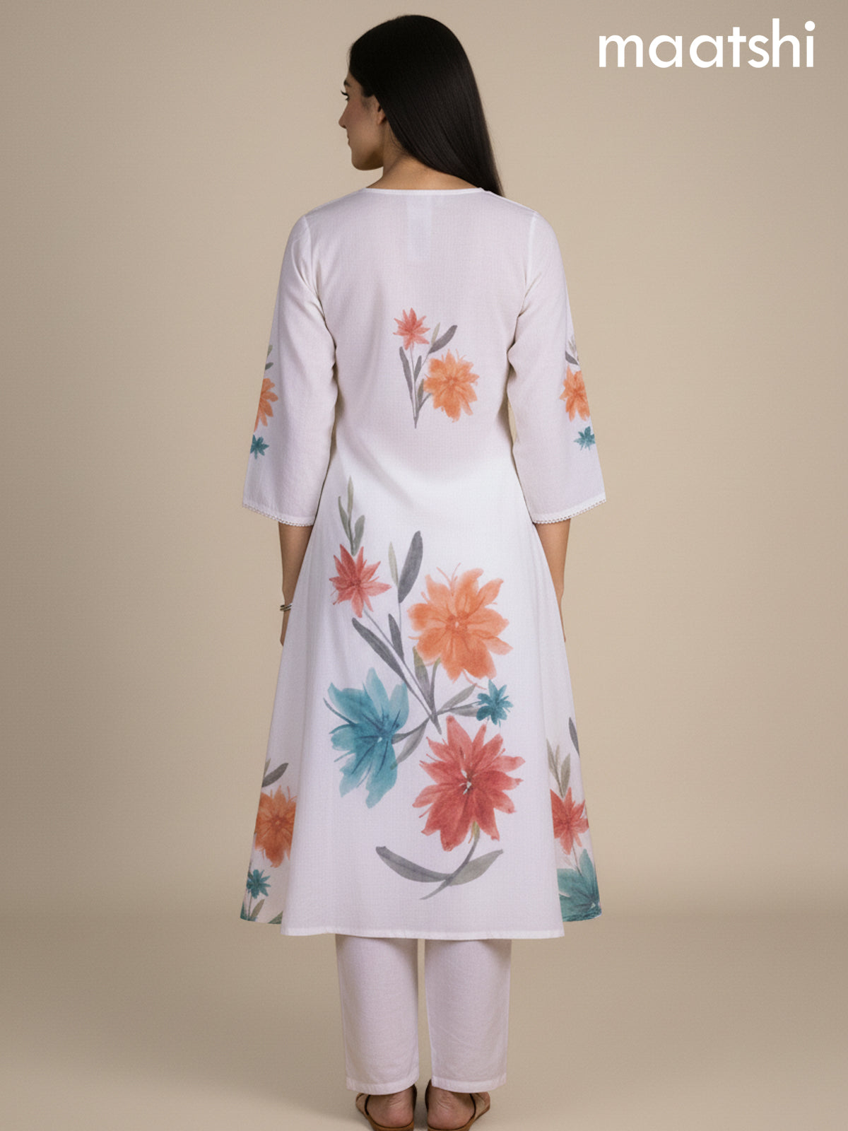 Off White Cotton Blend Floral Printed A-Line Kurti Set
