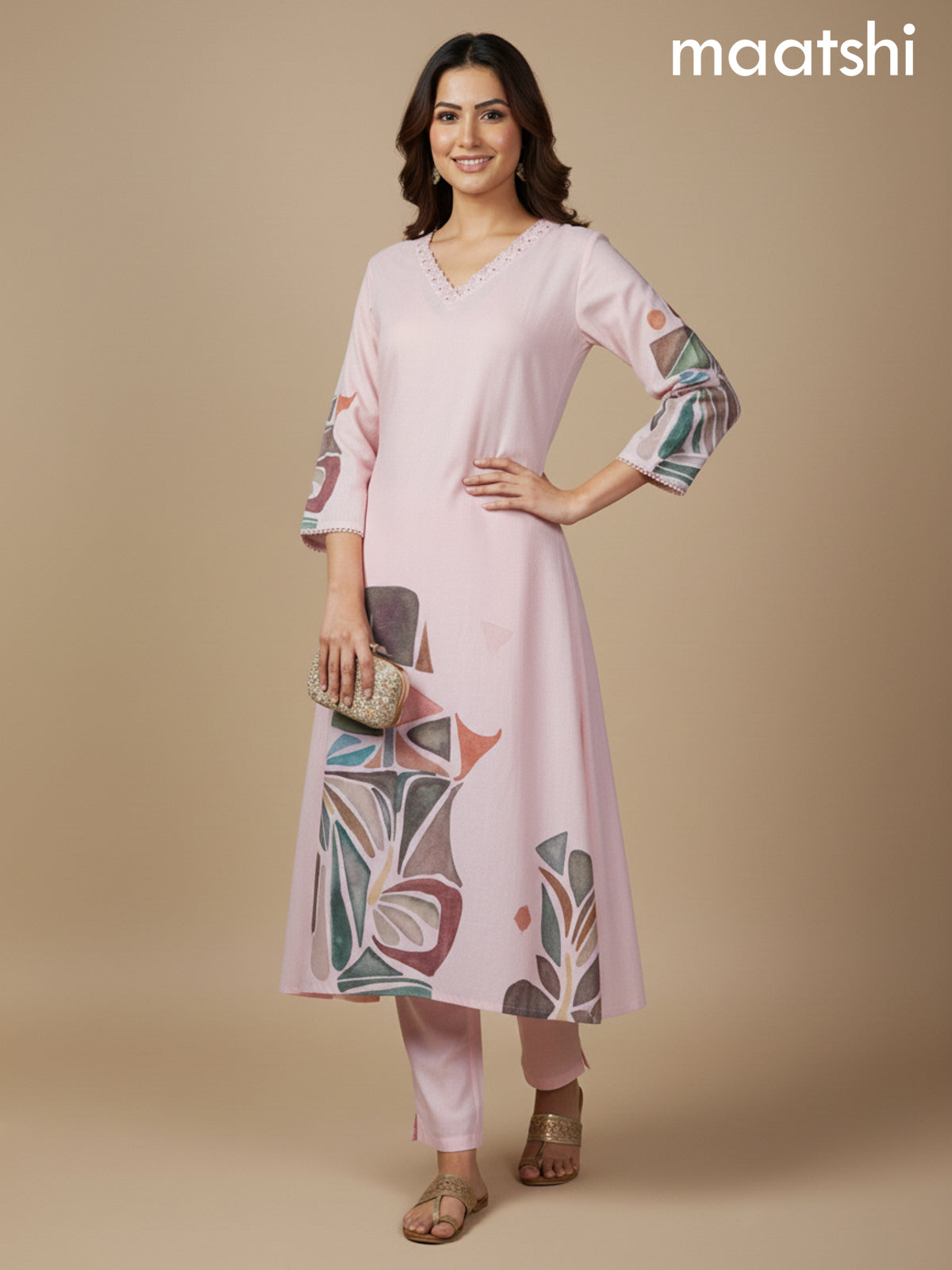 Mild Peach Cotton Blend Printed A-Line Kurti Set